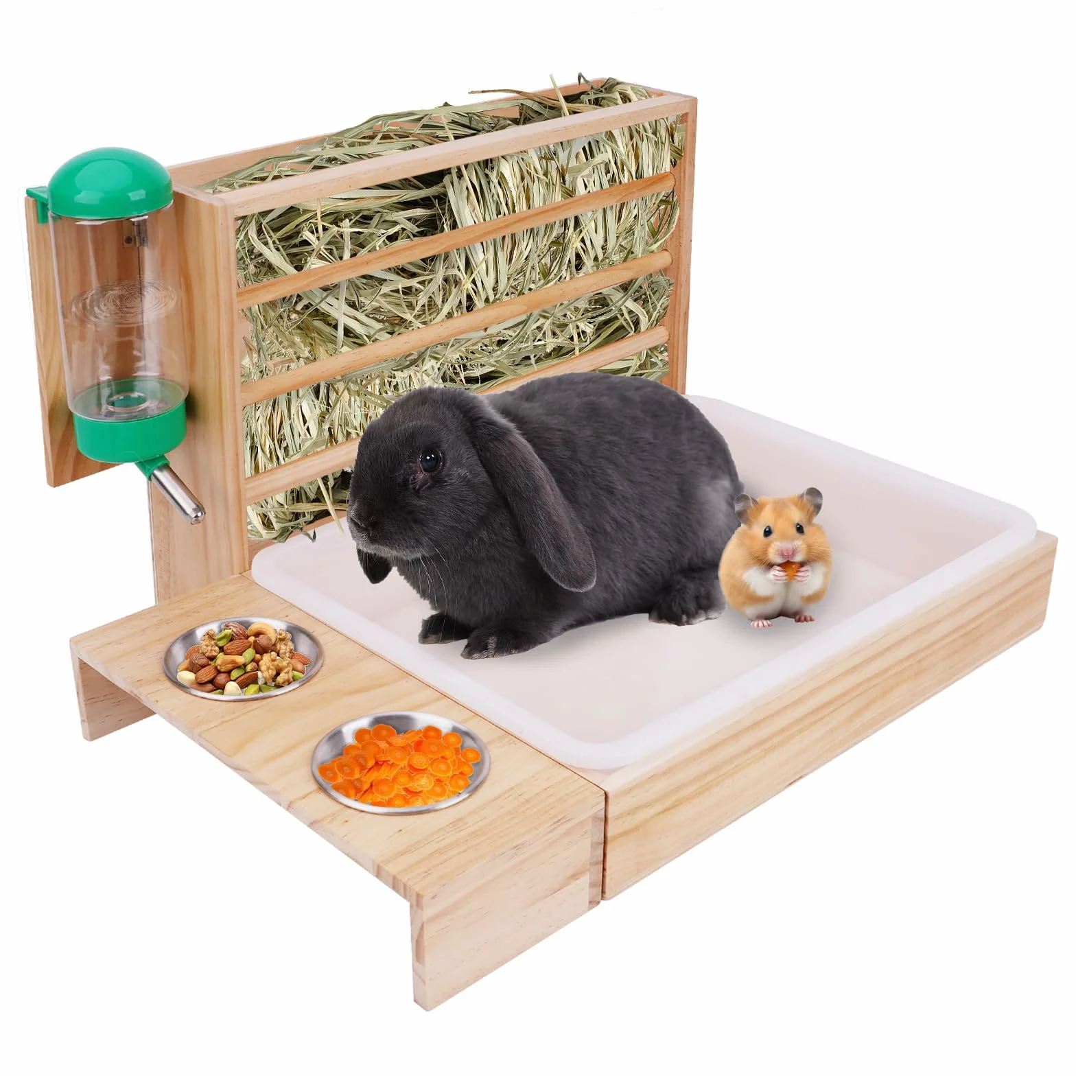 4 en 1 Comedero de Heno de Conejo Alimentador de Heno para Conejos con Bandeja de Arena Botella de Agua Cuencos de Comida de Hámster Comedero de Conejo Soporte de Heno para Mascotas Pequeñas