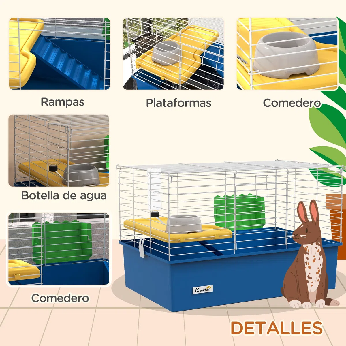 PawHut Jaula para Hurones con Bandeja Inferior Jaula para Animales Pequeños con Plataforma con Rampa Comedero y Bebedero Recinto para Conejos Pequeños Chinchillas Cobayas 71x46x47 cm Blanco y Azul