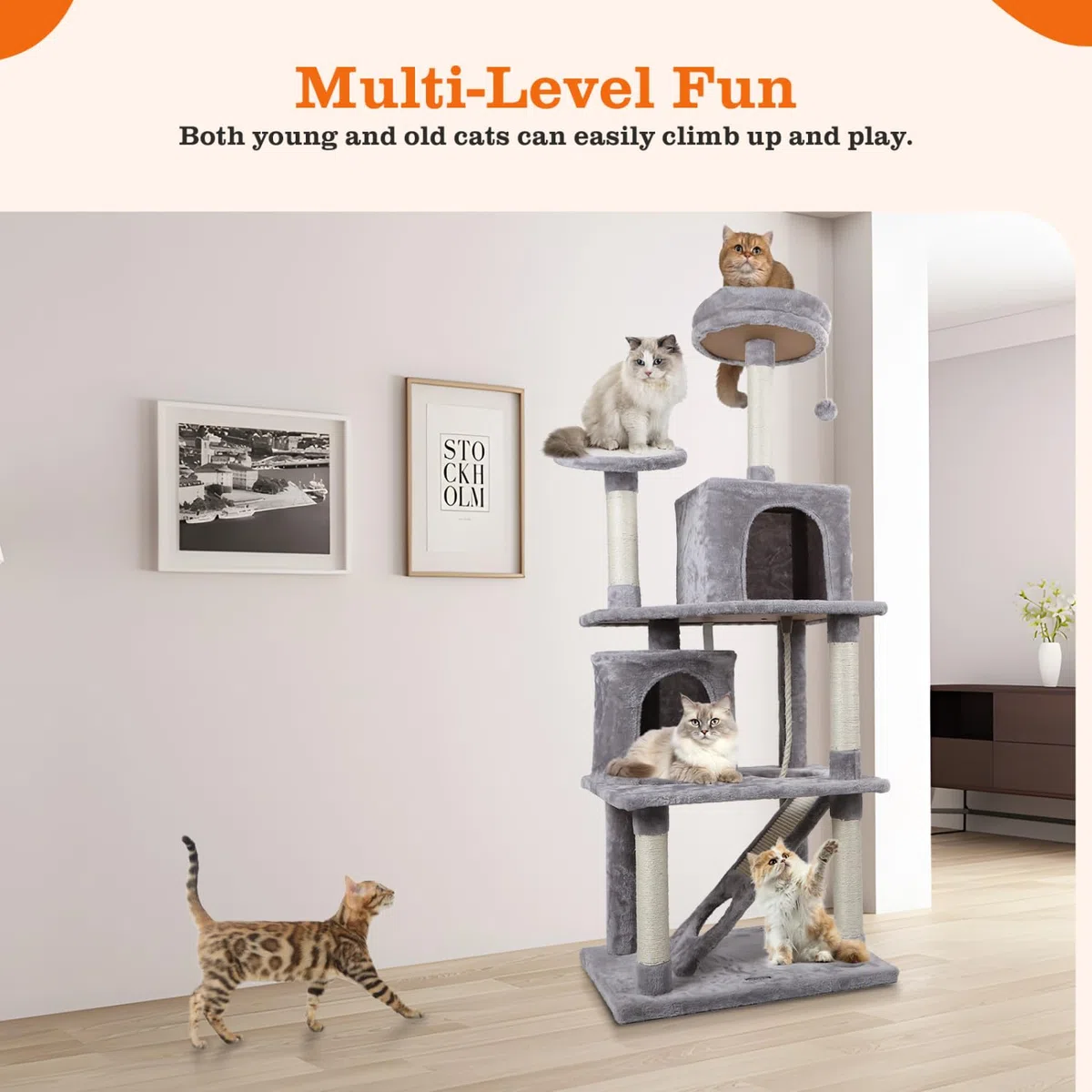 Nobleza - Árbol para Gatos, Altura 161 cm, con 5 Postes Rascadores, 5 Plataformas, 2 Cueva,1 Escalera, pompón, Cuerda de sisal, Tela de Felpa, Rascador Multinivel para Gatos Grandes,Gris