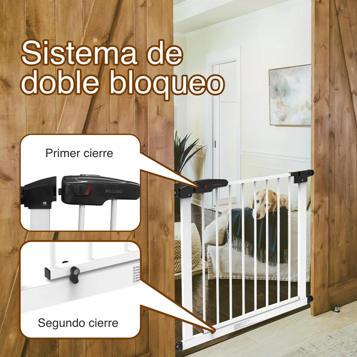 Barrera Seguridad Extra Alta (90cm) y Extensible (76-121cm) | Barrera para Perros y Pequeños de la Casa con Sistema Doble de Cierre Automático y Montada a Presion. Vallas para Perros para Varias Areas