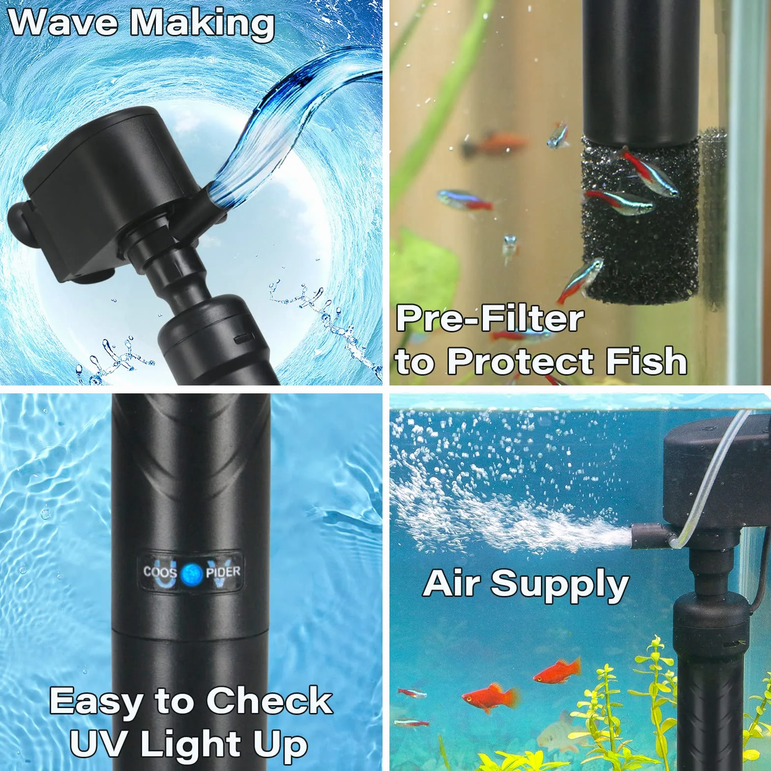 Bomba de filtro U-V para tanque de peces de 150 – 380 L, 5 W, antialgas, clarificador U-V, 1200 l/h, cristalino, agua fría, peces tropicales