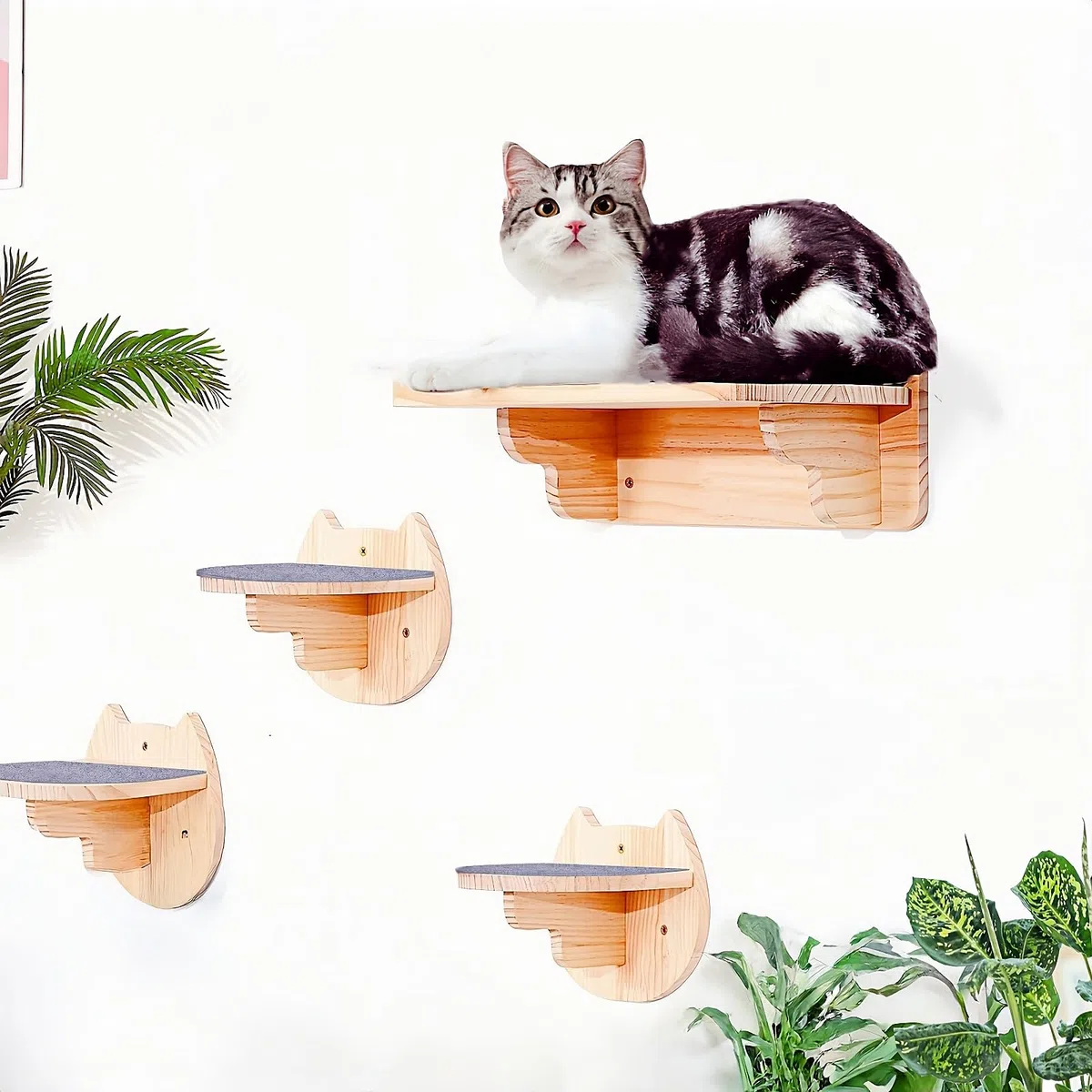 Hamaca de Pared Para Gatos Con 3 Niveles - Mueble de Madera Maciza Cubierta de Felpa Para Escalar, Dormir y Jugar
