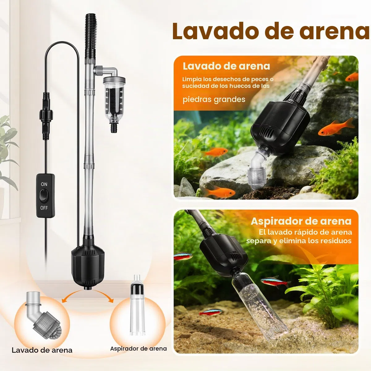 Hygger 1350 LPH Limpiador de Grava para Acuarios, 15W Electrico Sifonador Acuario Kit con Longitud Ajustable, Multifuncional Aspirador para Acuario Sifón para Cambio de Agua y Lavado de Arena