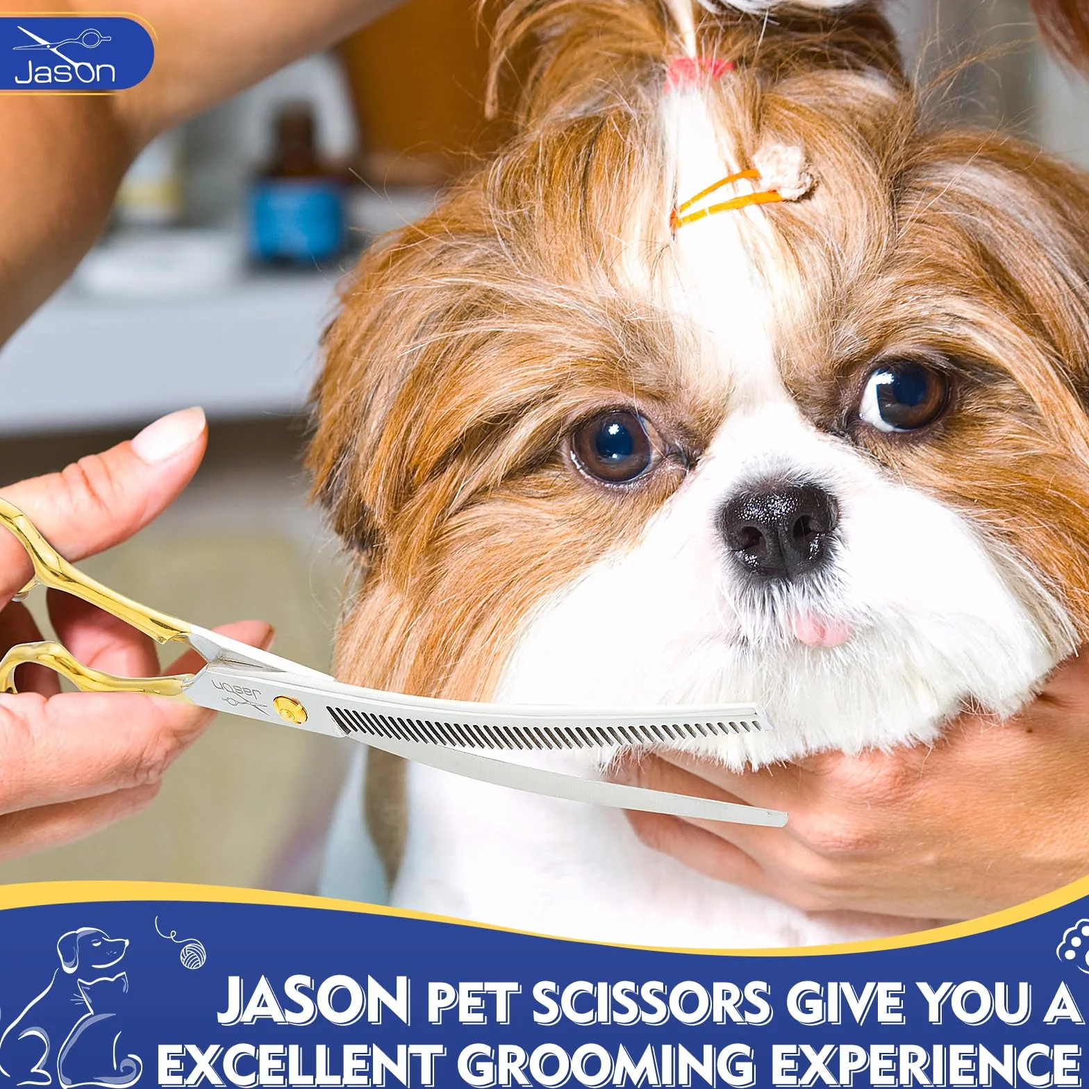 JASON 7.5 pulgadas tijeras para perros profesionales curvadas hacia abajo con 43 dientes, hechas de acero inoxidable japonés 440C con mango simétrico