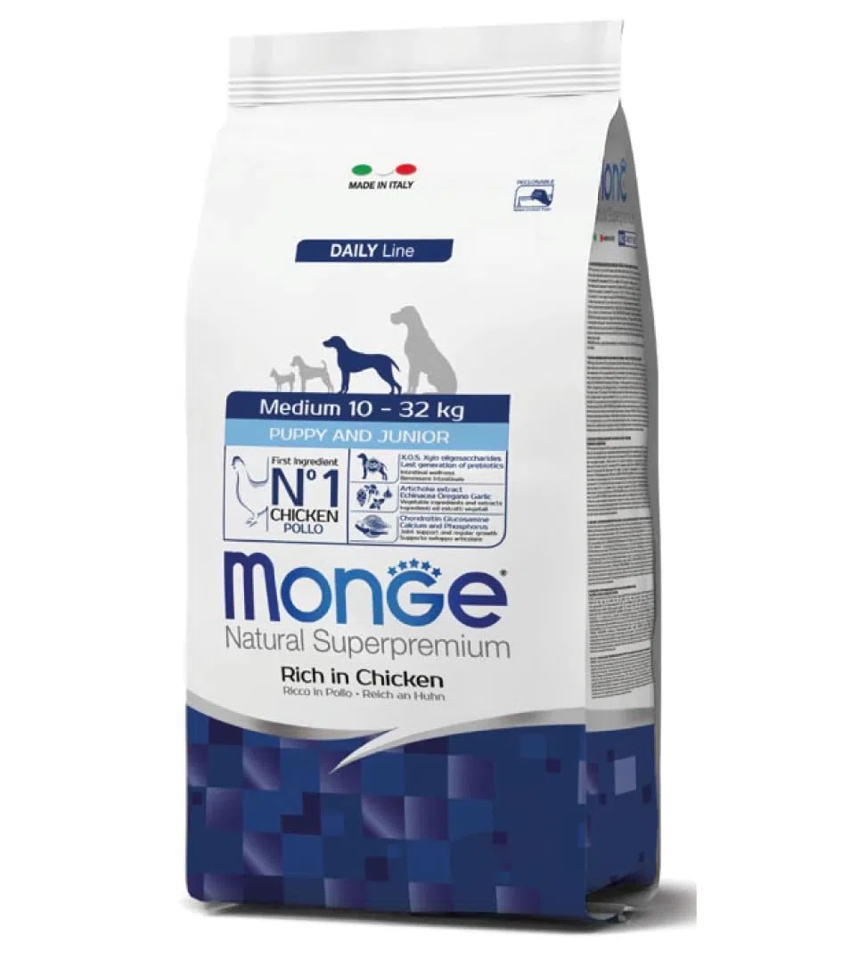Monge - Perro natural Superpremium Medium Puppy & Junior rico en pollo, alimento seco completo para perros y cachorros de talla media (10-32 kg), fabricado en Italia, 1 paquete de 12 kg, 1 x 12 kg