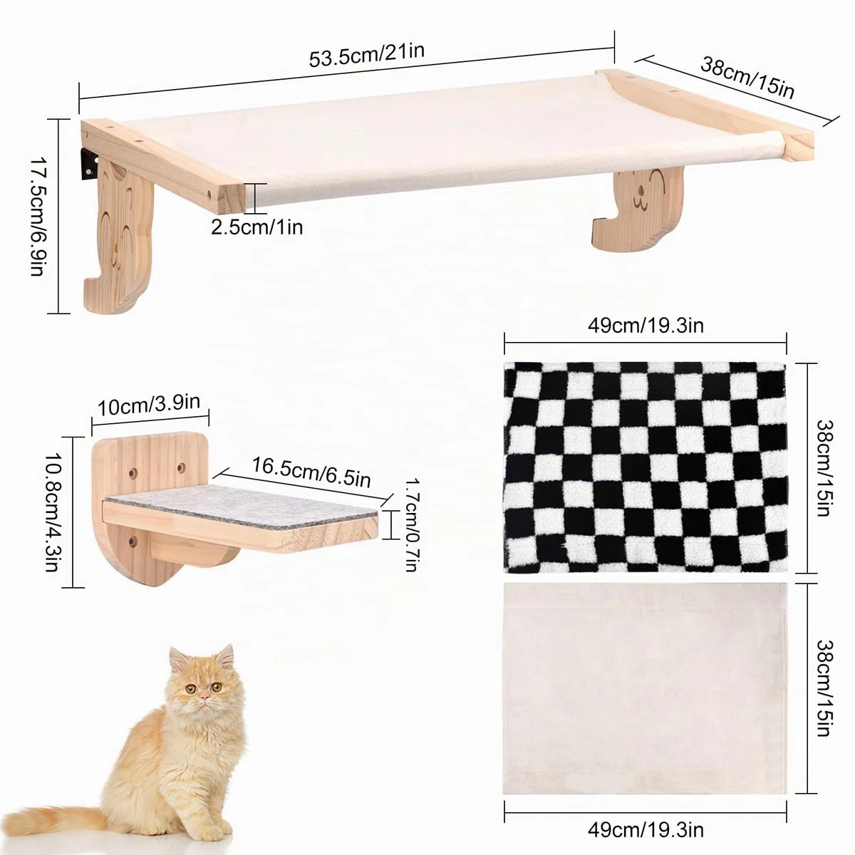 Hamaca para gatos montada en la pared, muebles de madera para gatos, estantes y barras de asiento, plataforma para dormir y jugar