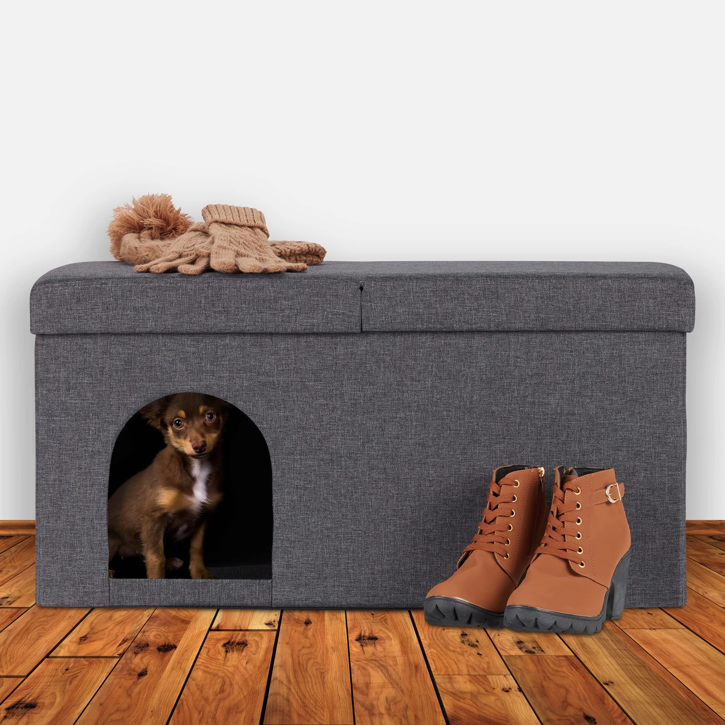 Relaxdays Casa Gato con Banco, Cueva Gatito Plegable, Accesorios Gatunos Interior, Escondite, 38,5 x 74,5 x 37 cm, Gris