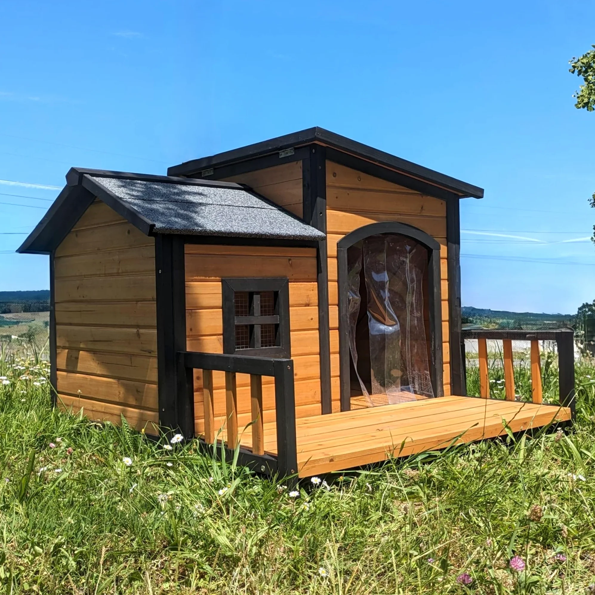 Caseta para perro Border Collie con techo de tejas abatible y terraza Tamaño L