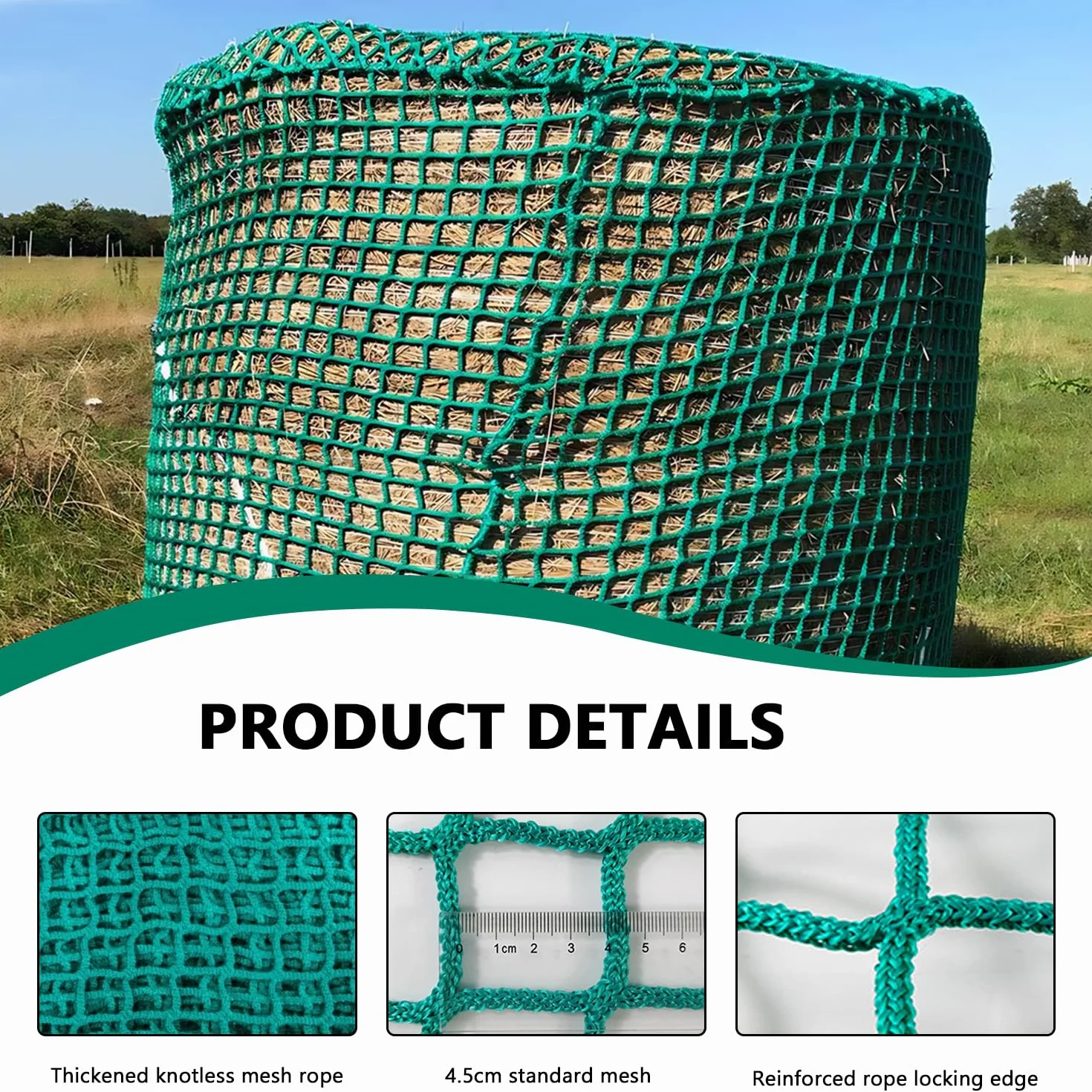 Red de heno para caballos, red de heno redonda de 120 cm x 120 cm, malla de 4,5 x 4,5 cm, alta capacidad de carga, red de pacas de heno, malla estrecha para explotaciones agrícolas, cría de ganado