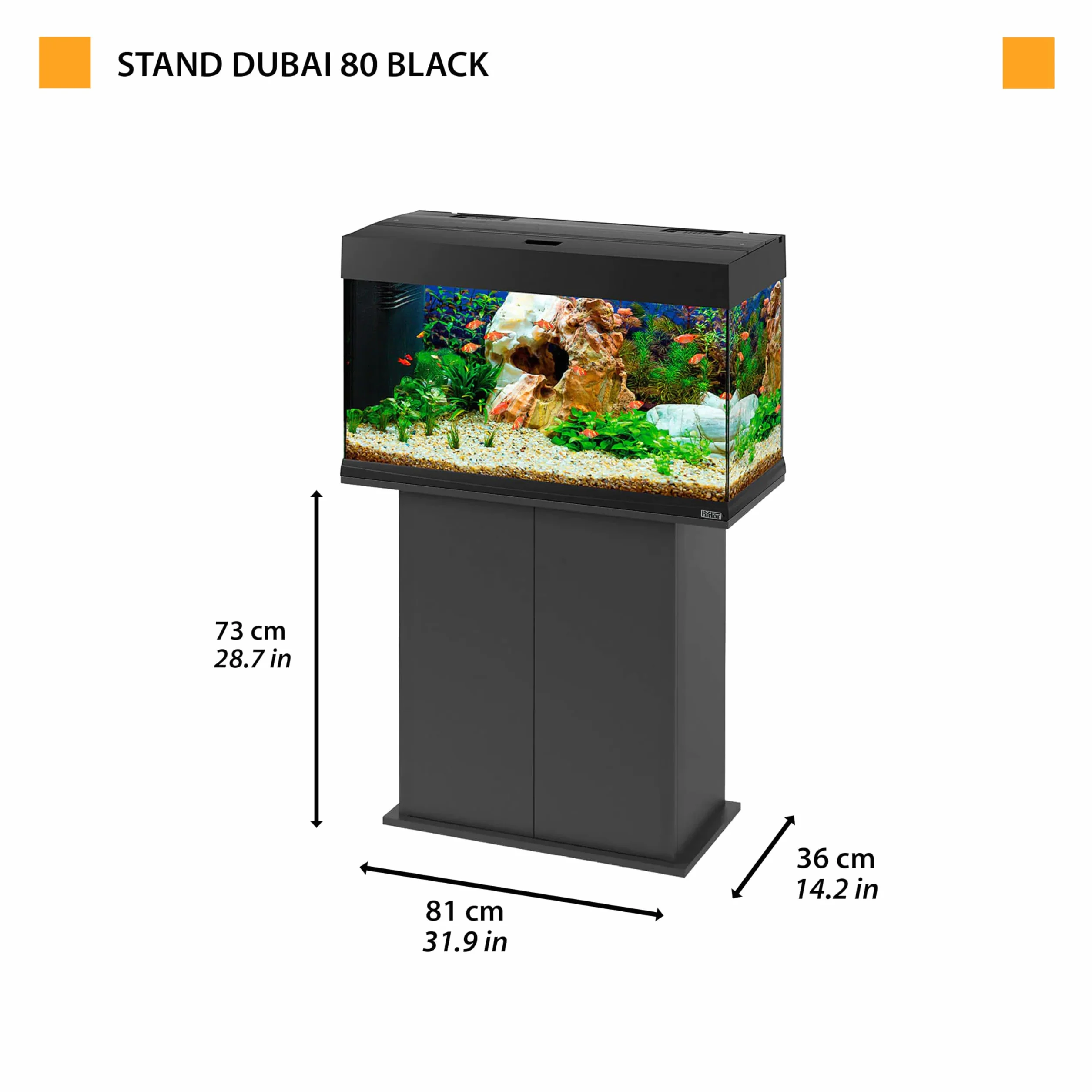 Hydor Mueble para Acuario, Resistente a la Humedad, Estructura sólida con Puertas y estantes Integrados, Patas Ajustables, 81 x 36 x 73 cm, en Madera, Negro.