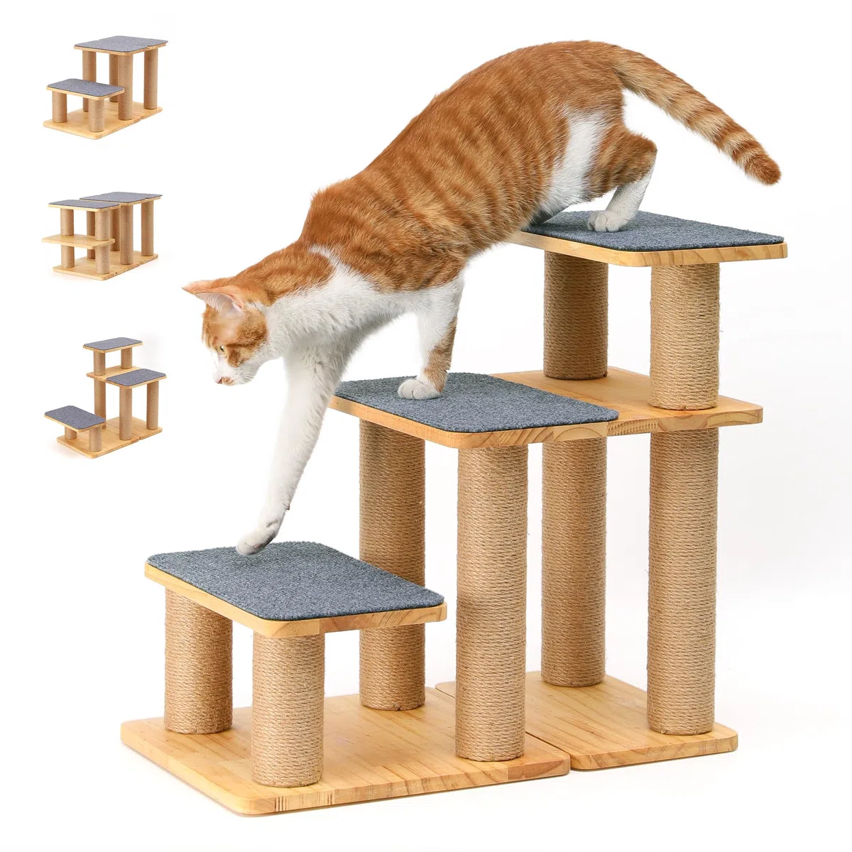 FUKUMARU Escalera para Perros, 3 peldaños para Mascotas de Madera de Pino y Yute, Altura Ajustable de 18 a 51 cm, soporta hasta 90 kg, 6 Combinaciones posibles para Subir a Camas y sofás, Gris.