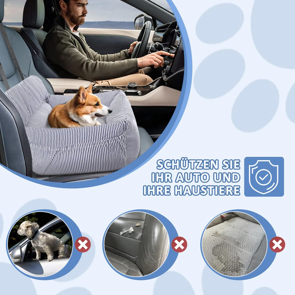 CALIYO Asiento de Coche para Perros, cinturón de Seguridad – Asiento de Coche Lavable en Azul/Blanco para Perros pequeños, medianos y Grandes, Asiento Trasero de Coche, Cama para Perros, Cesta para