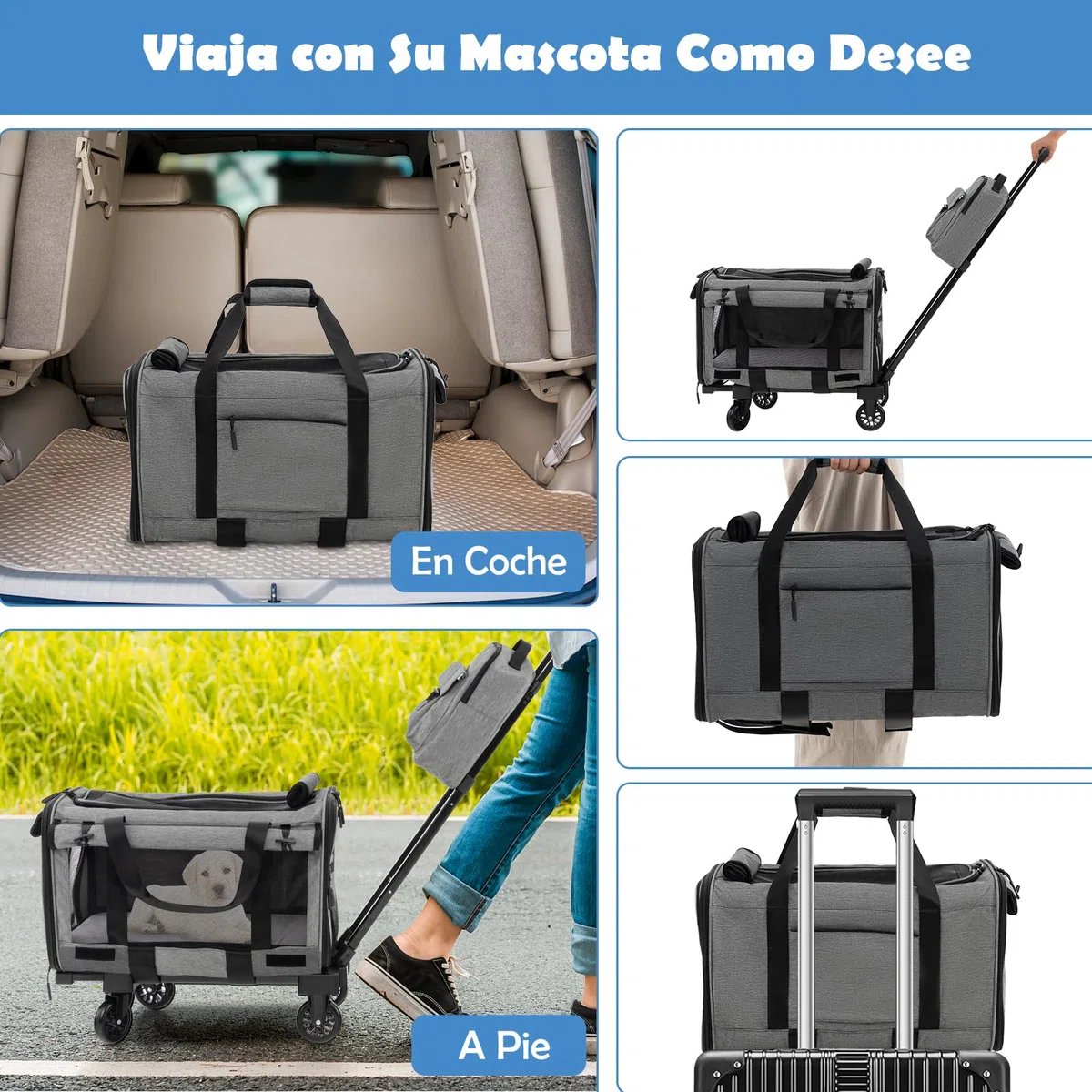 COSTWAY Transportín Plegable con Ruedas para Mascotas, Bolsa Trasportín de Viaje para Perros Gatos, Transportador con Almohadillas y Manija Telescópica para Mascotas Pequeñas Medianas