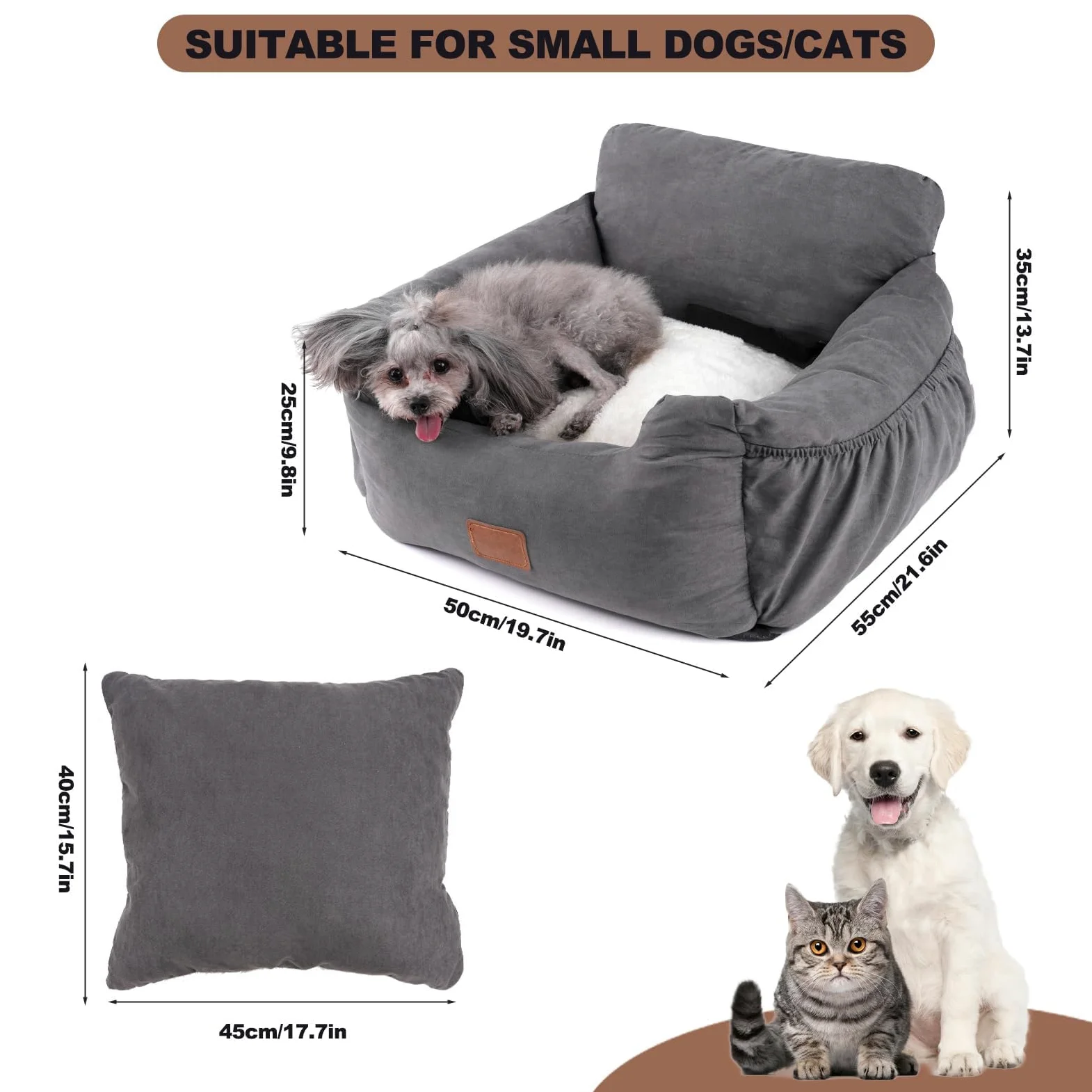 Asiento Perro Coche Pequeño Mediano,Asiento Elevador de Coche para Perros y Gatos,Asiento de Seguridad para Mascotas con Bolsa de Almacenamiento de Arnés, se Puede Desmontar (Gris, Medio)