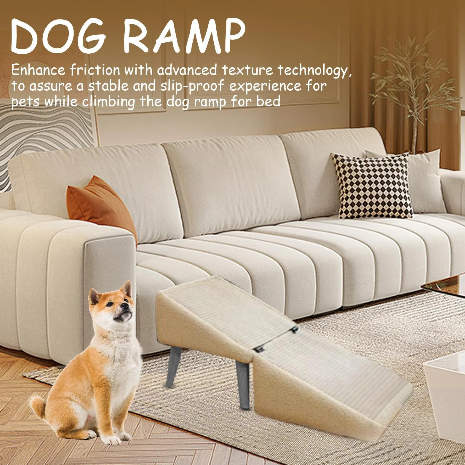 Rampa para Perros En Dos Partes, Plegables Escaleras para Perros Pequeños, Escalones 2 En 1 para Mascotas, Taburete Antideslizante para Mascotas, Rampa para Sofá, Cama, Silla Y Coche(Caqui)