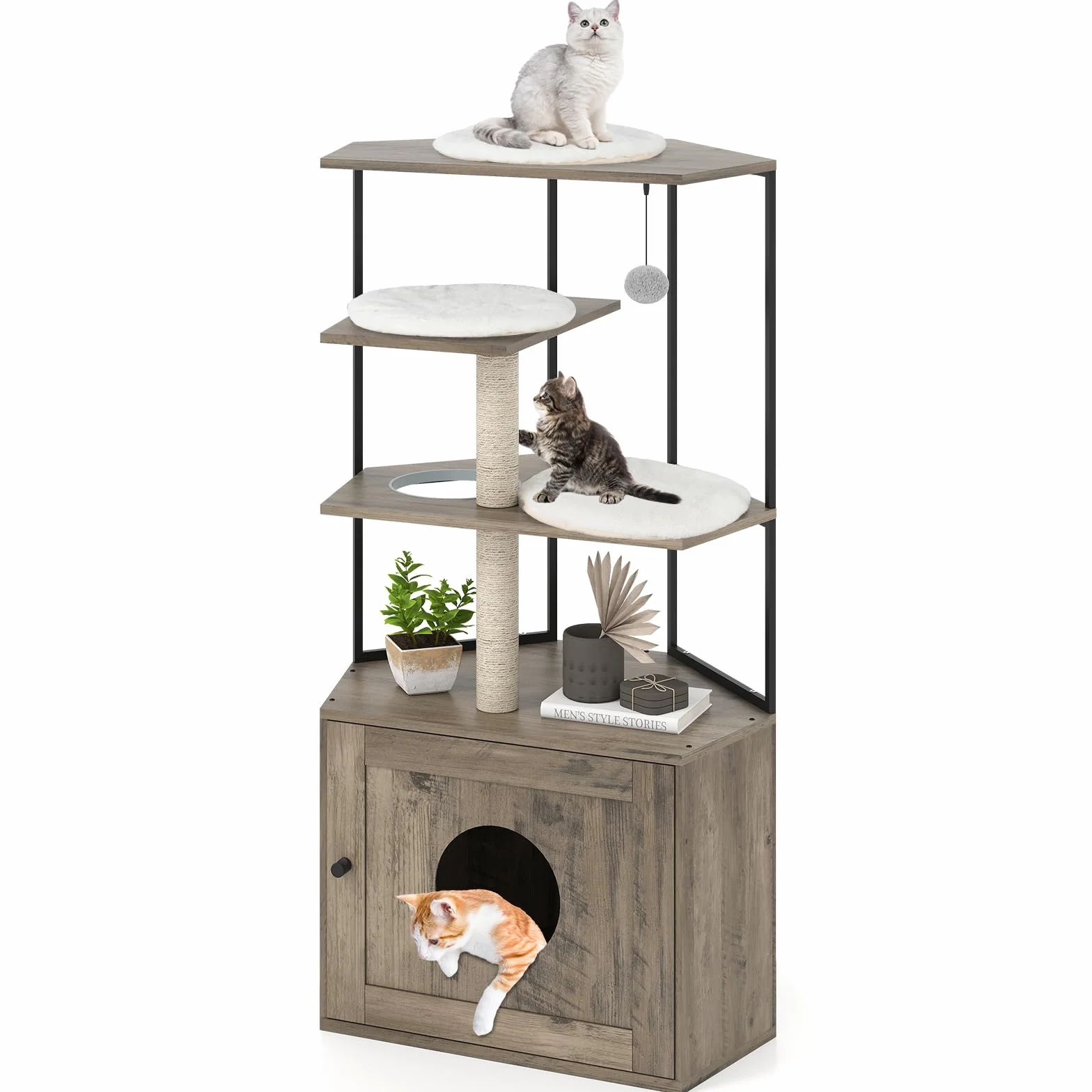 COSTWAY Árbol Rascador con Arenero para Gatos, Mueble para Gatos con 2 Postes Rascadores, 3 Alfombras, Agujero, Marco Metálico, Bola Colgante, Casa para Gatitos de Madera, 80 x 48 x 145 cm, Marrón