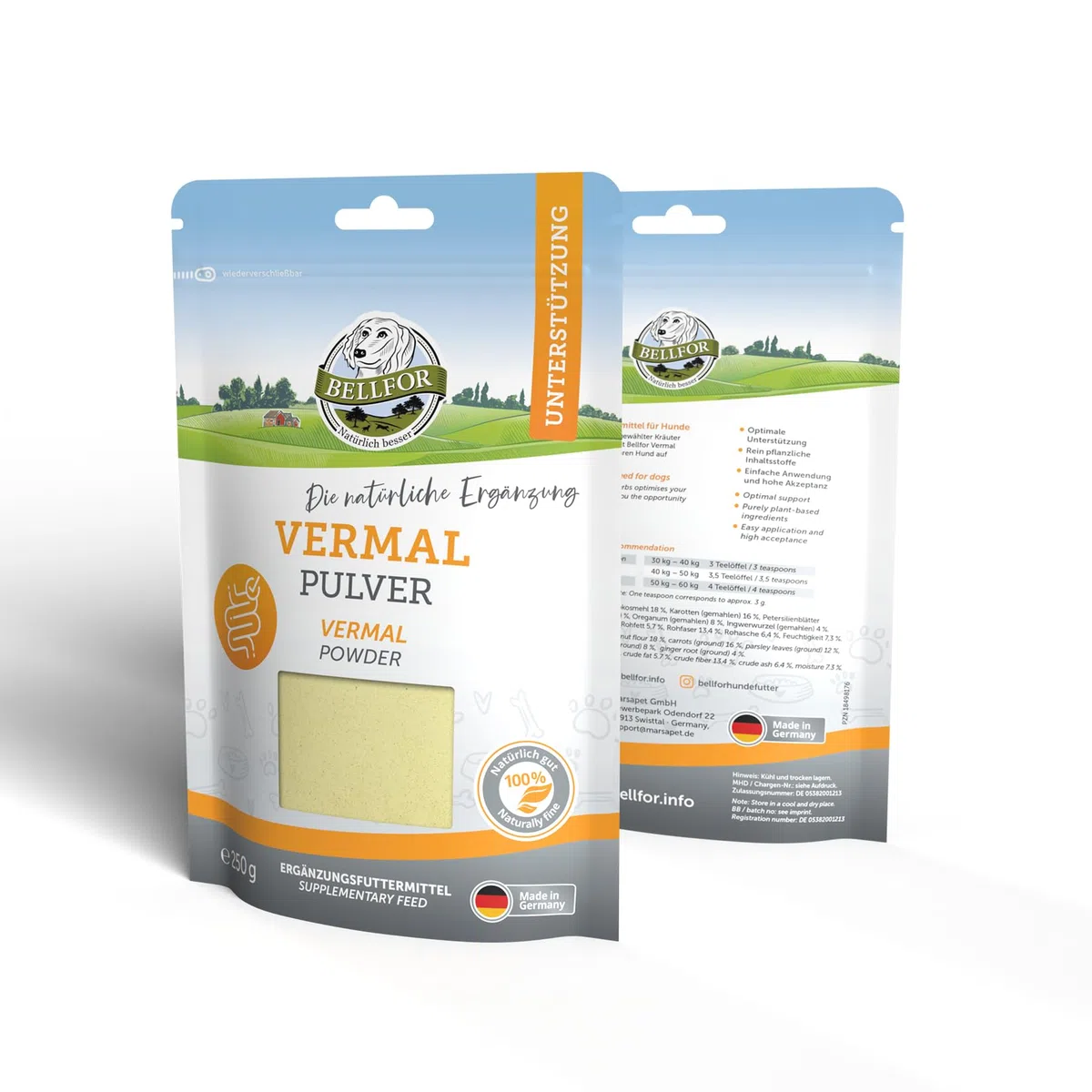 Bellfor Vermal Polvo Suplemento para Perros - 250 g. Antiparasitario para Perros. Ayuda contra la Giardia, Mejora la Dieta y Reduce el Riesgo de Colonización de Gusanos y Parásitos Intestinales
