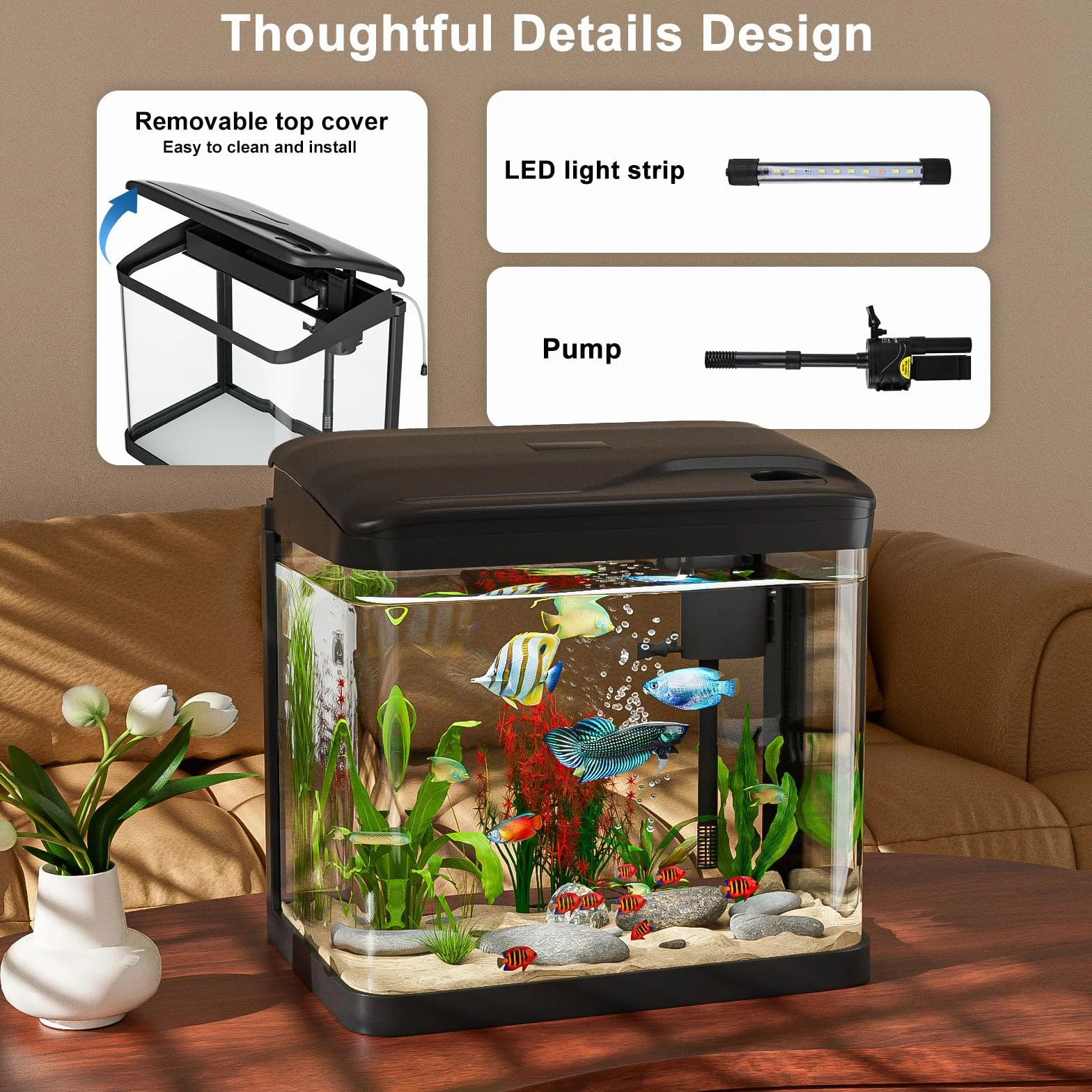 Acuario de Cristal, GuKKK Acuarios y Peceras Completas,Pecera con Sistema de Filtrado Integrado e Iluminación LED,Bajo Ruido y Silencioso,Acuarios de Iniciación, Negro (6L)