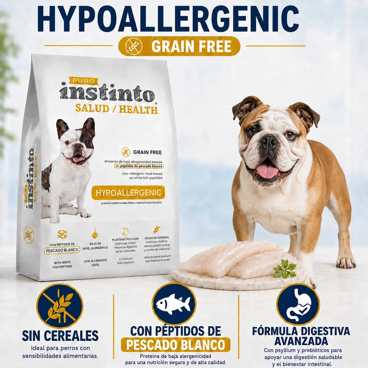 Pienso Hipoalergénico para Perros Hidrolizado de Pescado Blanco Sin Cereales Grain Free Alta Digestibilidad y Cuidado de la Piel atopica Todas Las Razas y tamaños - 10 kg - PURO INSTINTO Salud