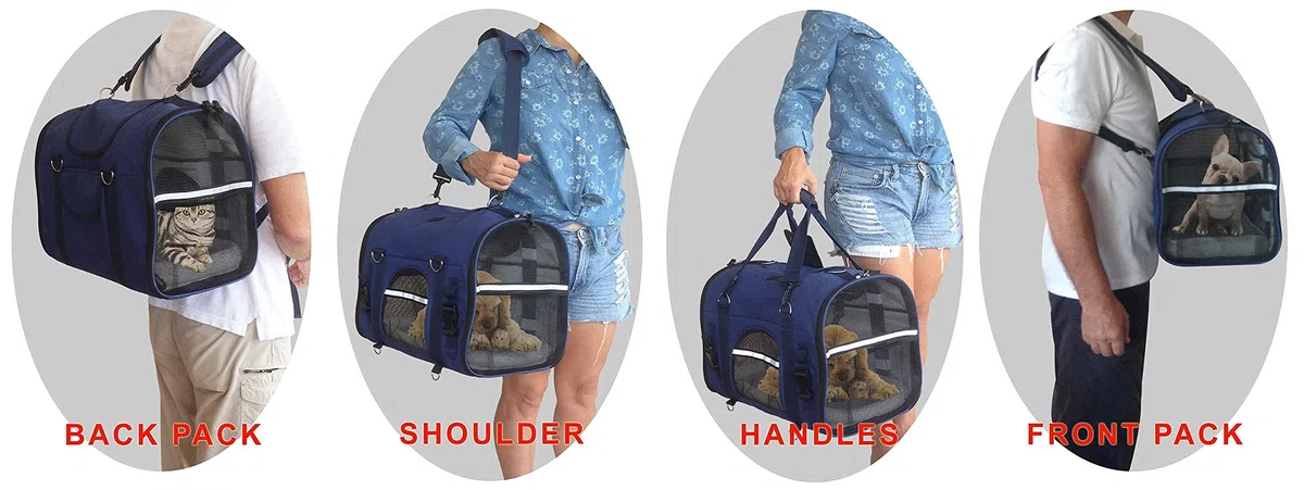 6-en-1 Robusta Mochila para Mascotas, Frontal/Pecho Mochila, Bolsa de Hombro y de Mano, Caja para Asiento de Auto, 2 Posiciones. Transportador de Viaje con Lados Suaves. para Mascotas de 45-54 cm
