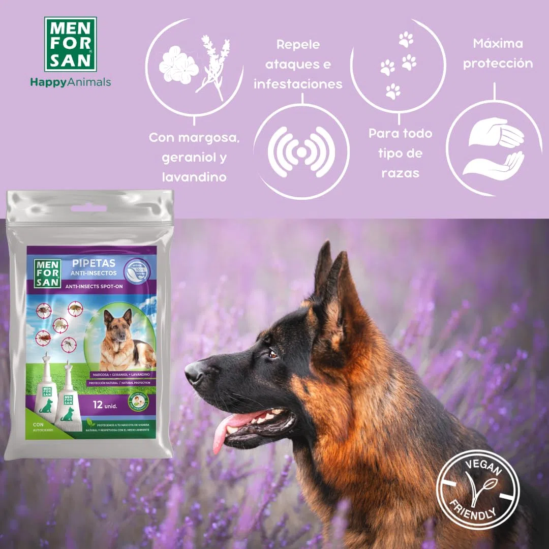 MENFORSAN Pack con 12 pipetas Anti-Insectos para Perros, con Margosa, geraniol y lavandino, con Bolsa autocierre