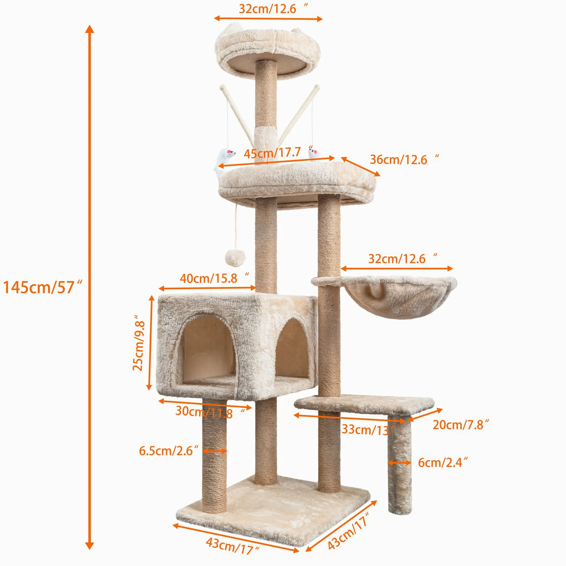 HOMIDEC Árbol Rascador para Gatos, 145cm, Torre de Escalada Estable con Varios Niveles, Actividades para Gatos con 7 Postes de sisal, 5 Plataformas, 2 nidos