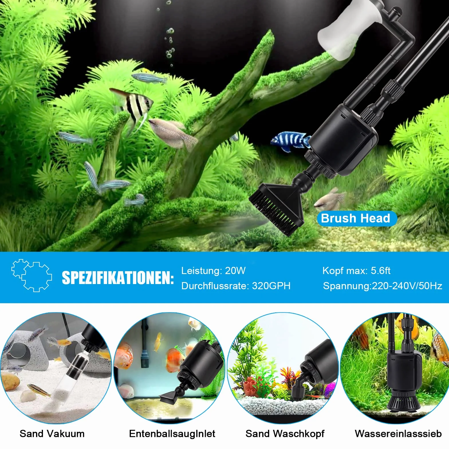AQQA Cambiador de agua eléctrico para acuarios, 6 en 1, kit de sifón aspirador de acuario, limpiador de grava, aspirador para el cambio rápido del agua del acuario, lavado de la arena