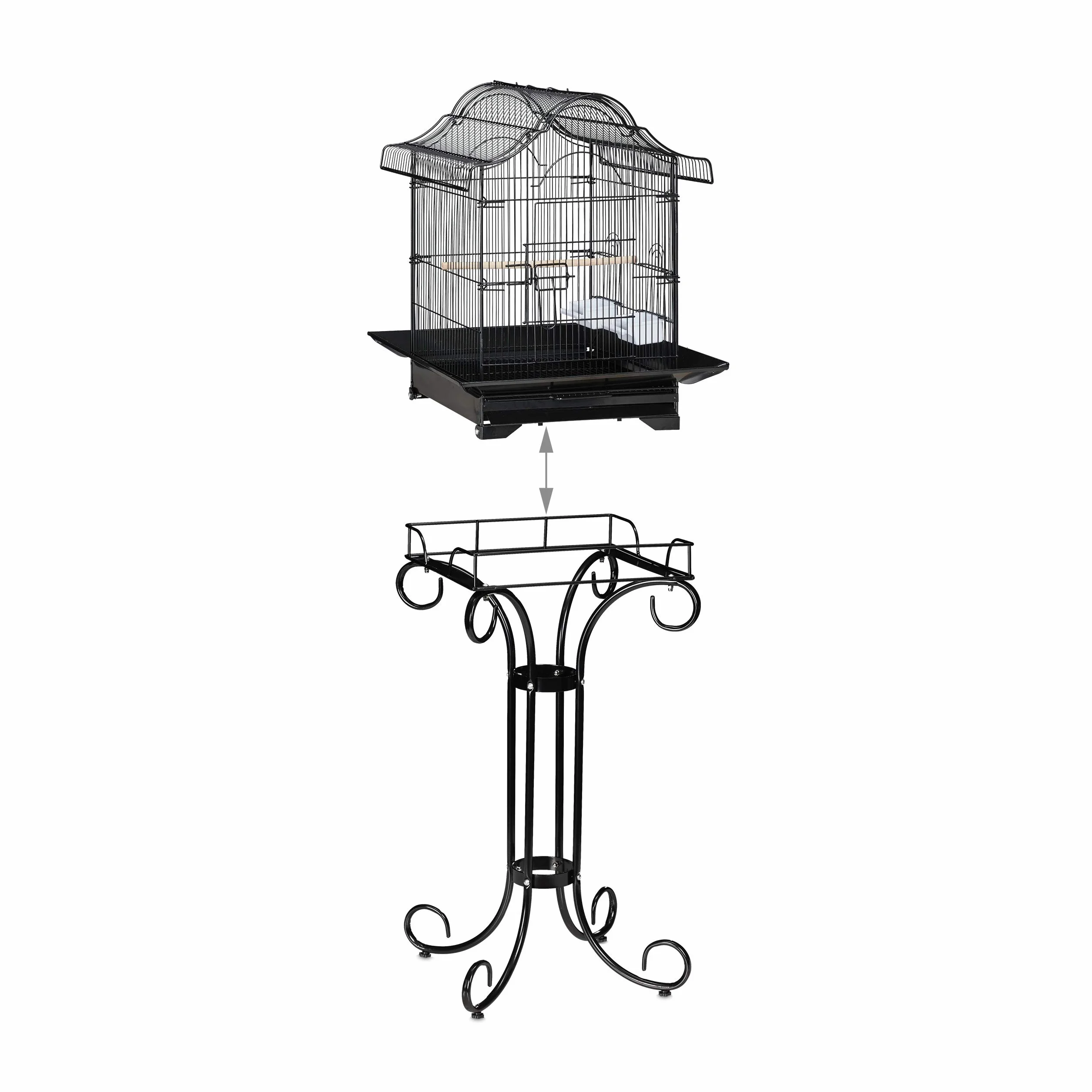 Relaxdays Jaula Pájaros Pedestal, Canarios, Pinzones, Percha, Comedero, Pajarera Aves Exóticas, 146,5x55x50 cm, Negro