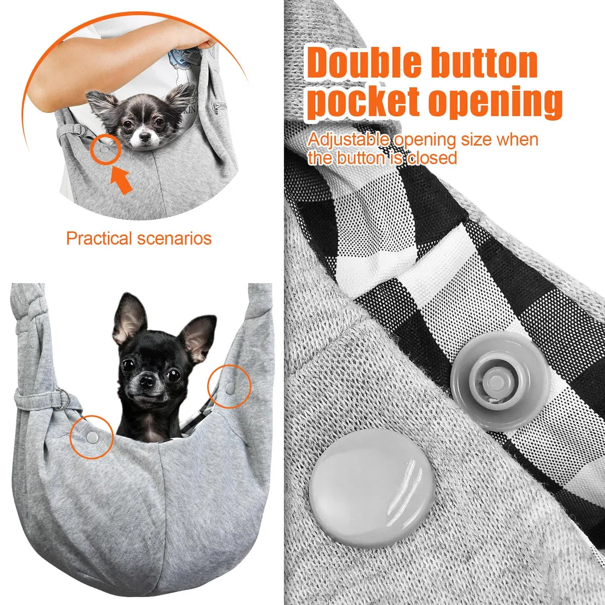 Tomkas Dog Carrier Sling - Pet Carrier for Small Dogs and Cats, Adjustable Strap, Zip Pocket, Snap Closure (Grey, S - Adjustable Strap EU)