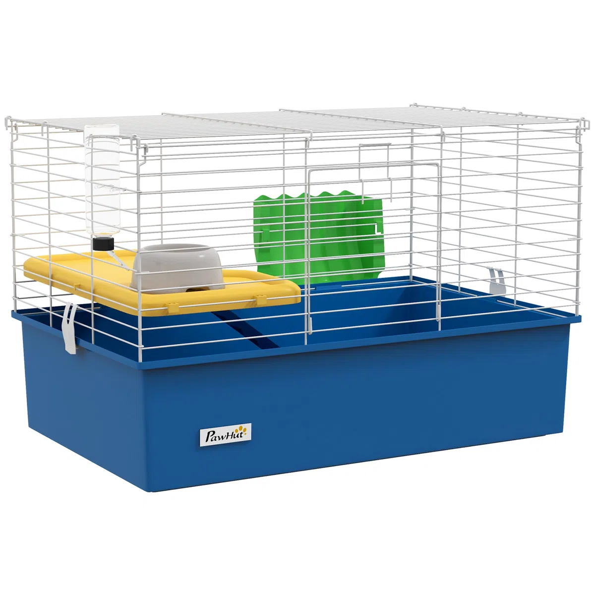PawHut Jaula para Hurones con Bandeja Inferior Jaula para Animales Pequeños con Plataforma con Rampa Comedero y Bebedero Recinto para Conejos Pequeños Chinchillas Cobayas 71x46x47 cm Blanco y Azul