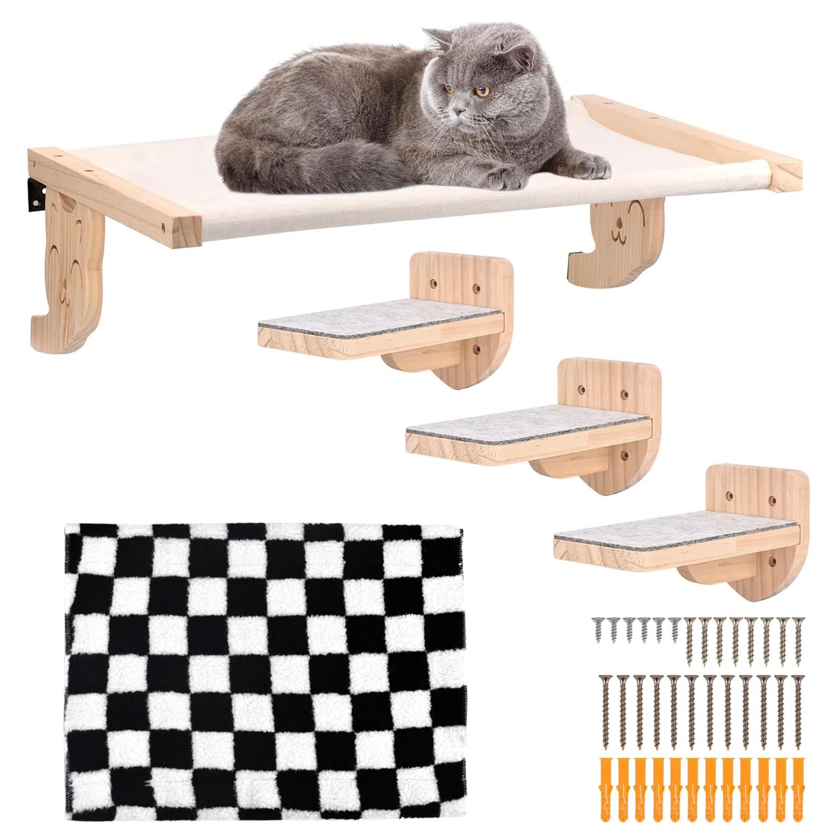 Hamaca para gatos montada en la pared, muebles de madera para gatos, estantes y barras de asiento, plataforma para dormir y jugar