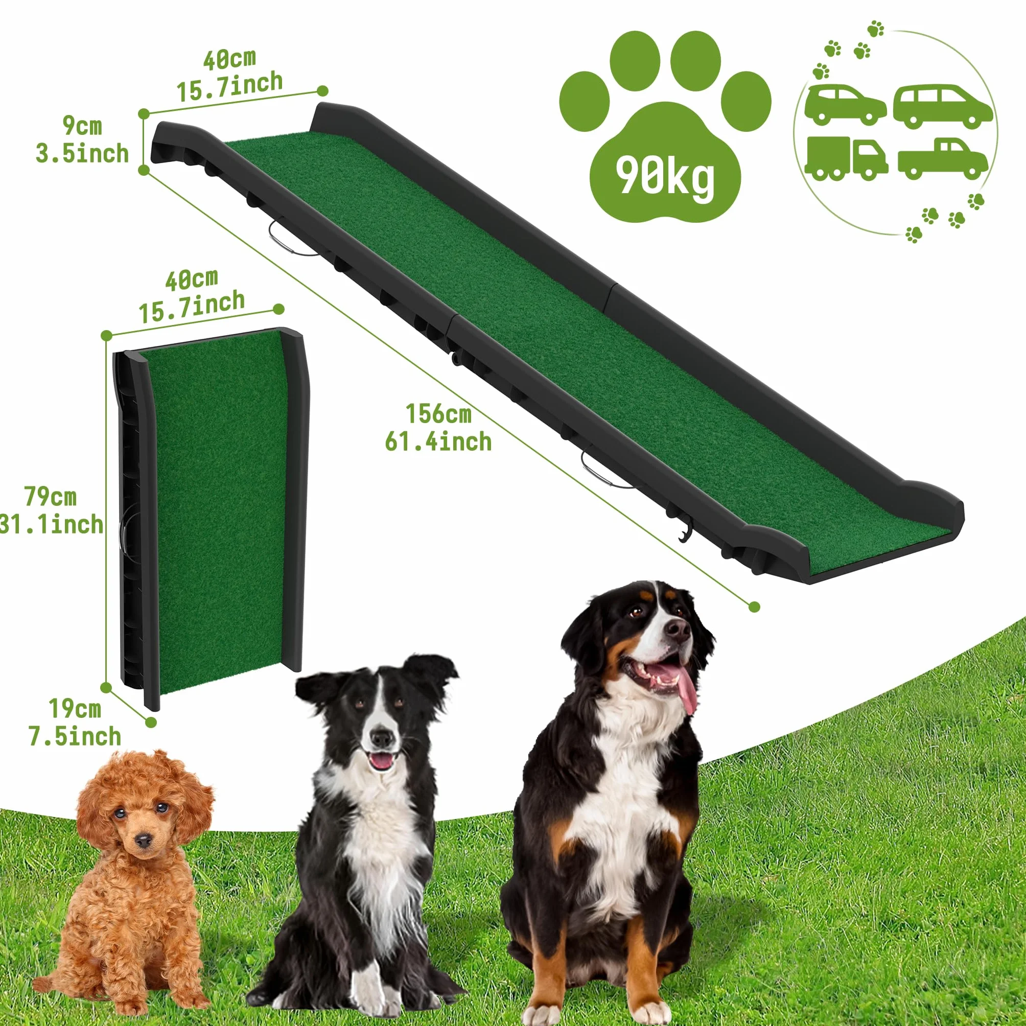 FIVMEN Rampa para perros plegable para coche, escaleras para perros, antideslizante, hasta 90 kg, 156 x 40 cm, rampa para perros, para SUV, grandes animales pequeños, con césped