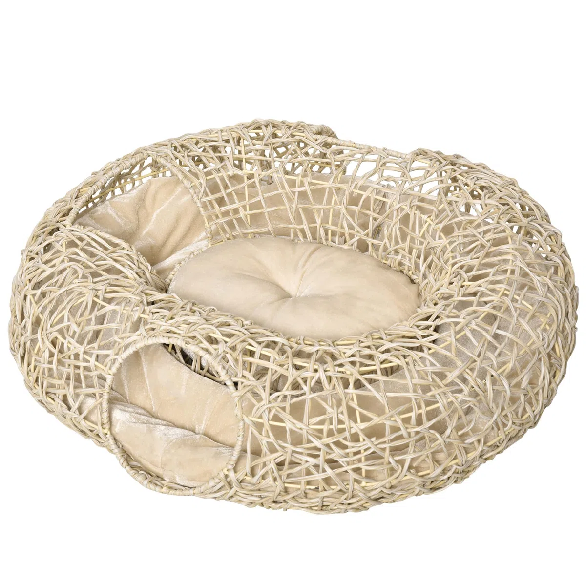 PawHut Cama de Ratán para Gatos 78x69x22 cm con Cojín Suave, 3 Orificios de Acceso y Túnel de Madera Natural