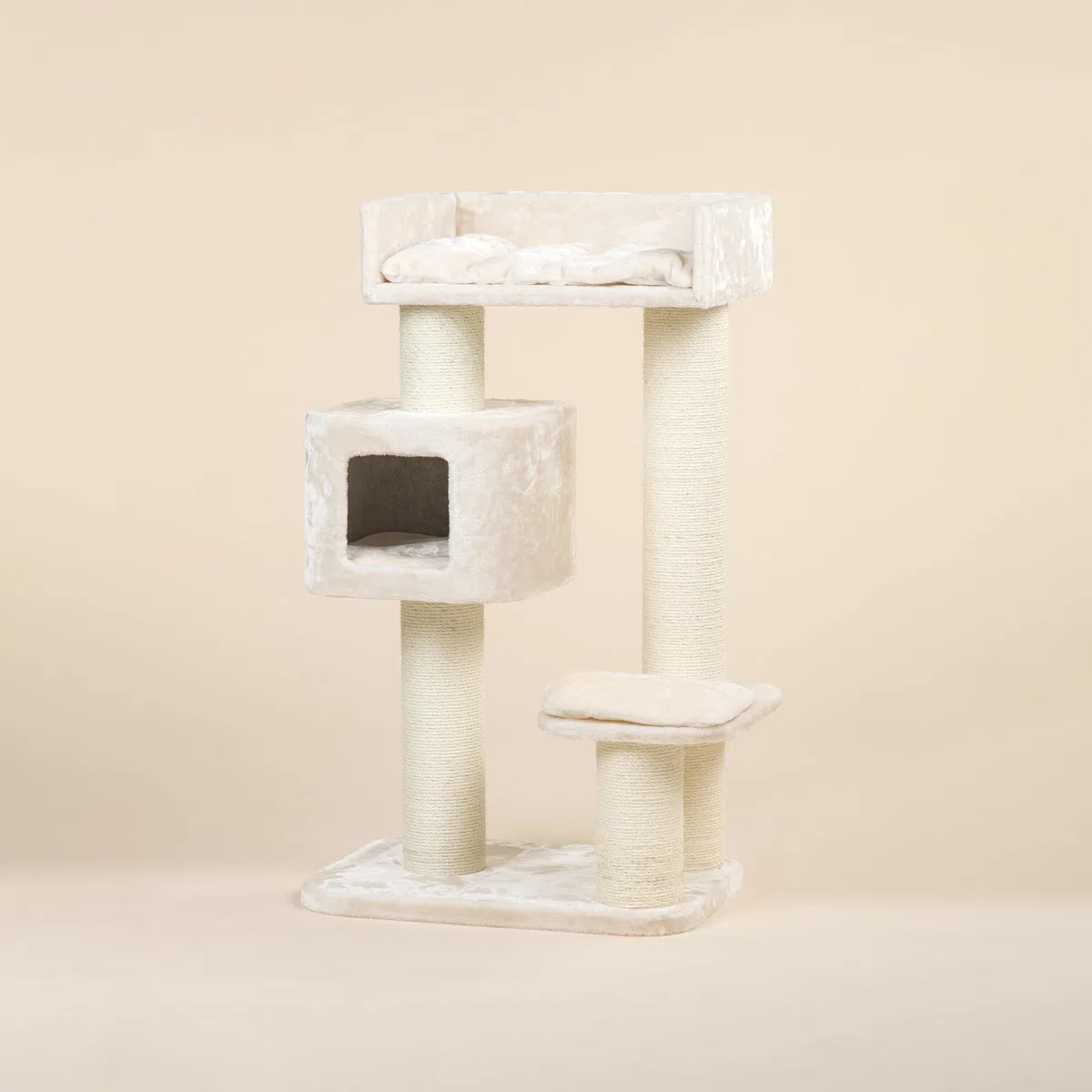 RHRQuality Árbol rascador para Gatos Grandes - Devon Rex - 120 cm de Altura - con Postes de sisal de 15 cm y casita para Jugar - Color Crema
