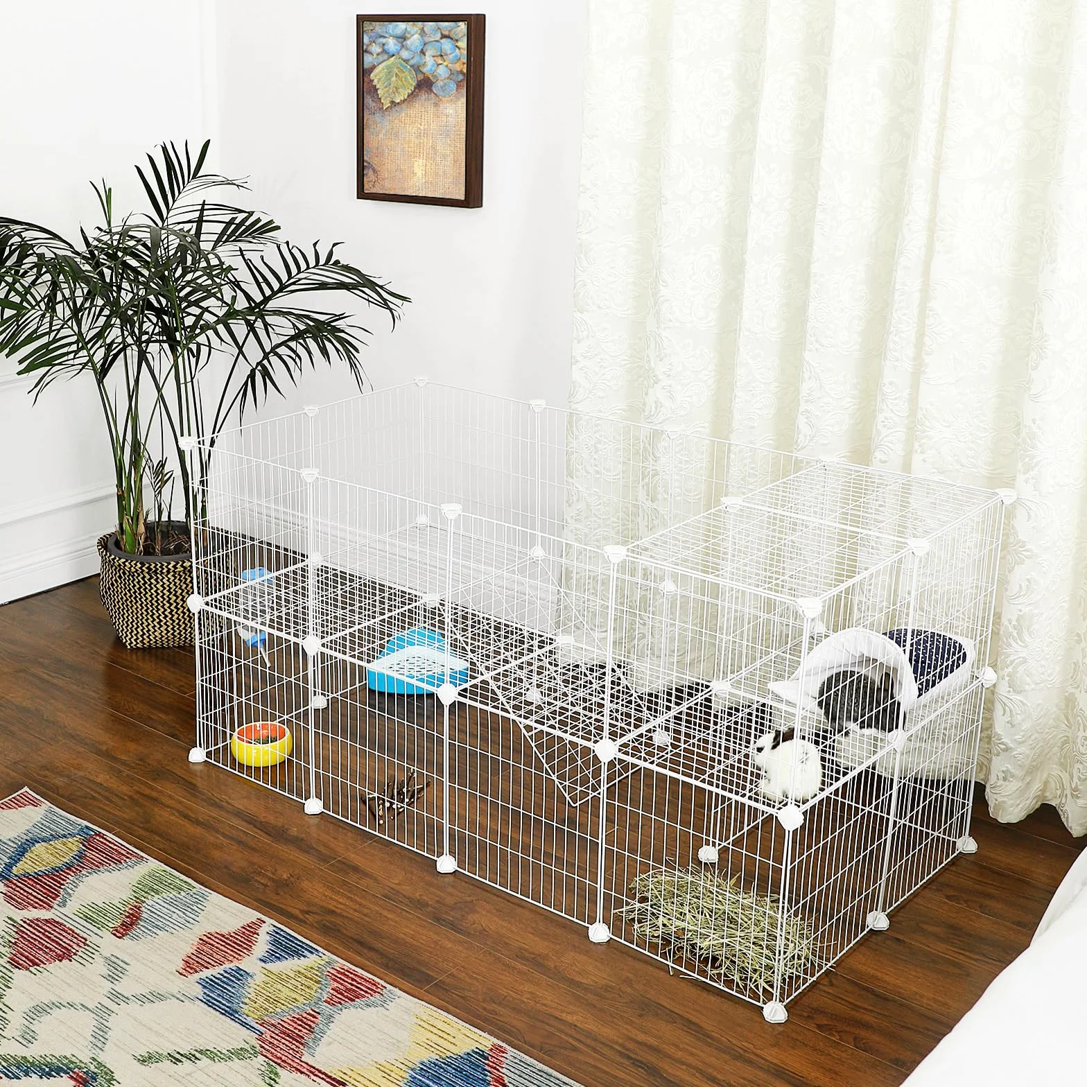 SONGMICS Valla para Mascotas 2 Niveles, Recinto modulable, para Animales pequeños, hámsters, Conejos, Cerdo Pavo, Paneles de Malla para Uso Interior, 143 x 73 x 71 cm, Blanco LPI02W