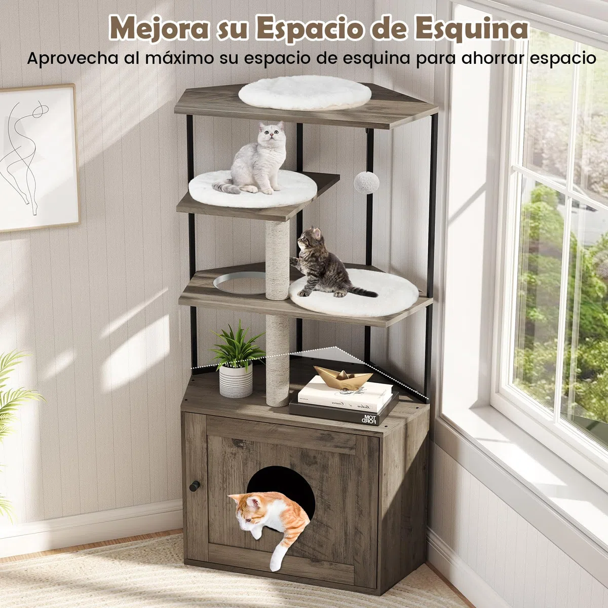 COSTWAY Árbol Rascador con Arenero para Gatos, Mueble para Gatos con 2 Postes Rascadores, 3 Alfombras, Agujero, Marco Metálico, Bola Colgante, Casa para Gatitos de Madera, 80 x 48 x 145 cm, Marrón