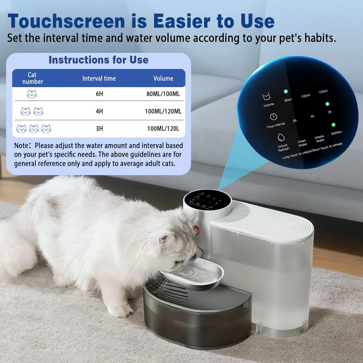 3.8L Fuente para Gatos sin Cable:,Bebedero automatico Gatos Sin Filtro e Inalámbrica con Batería 2000mAh Sistema de Separación de Agua Usada Cuenco de Acero Inoxidable Blanco