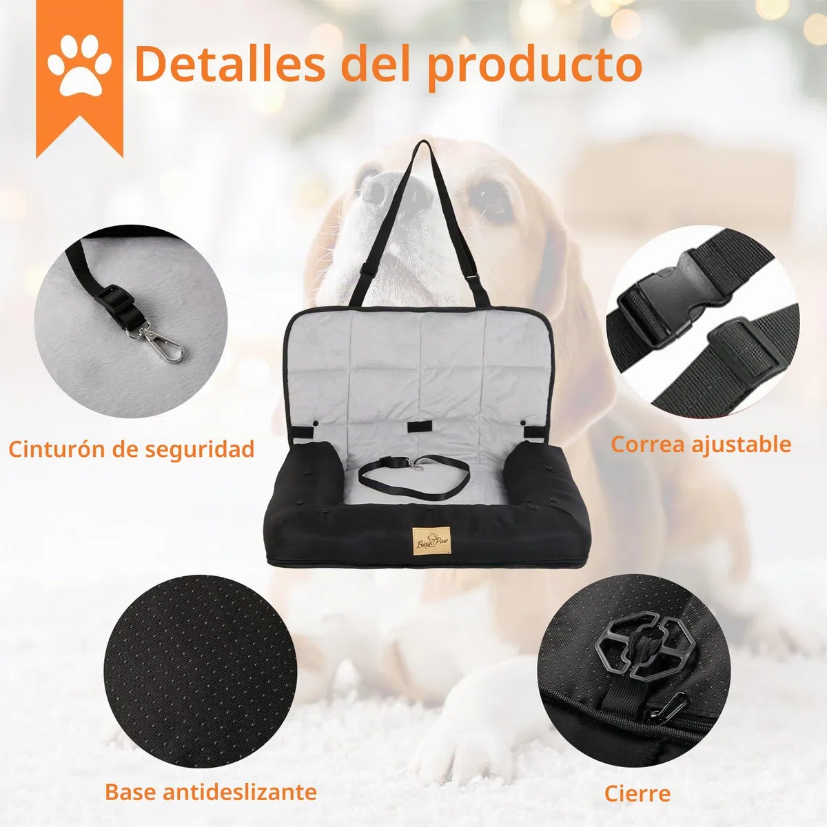BingoPaw Cama Perro Coche Asiento:Transportin Protector Silla Cubre Asiento Coche Impermeable Antideslizante para Mascotas Perro Pequeño Mediano Gato Tipo Cuna Acolchada con Funda Lavable M