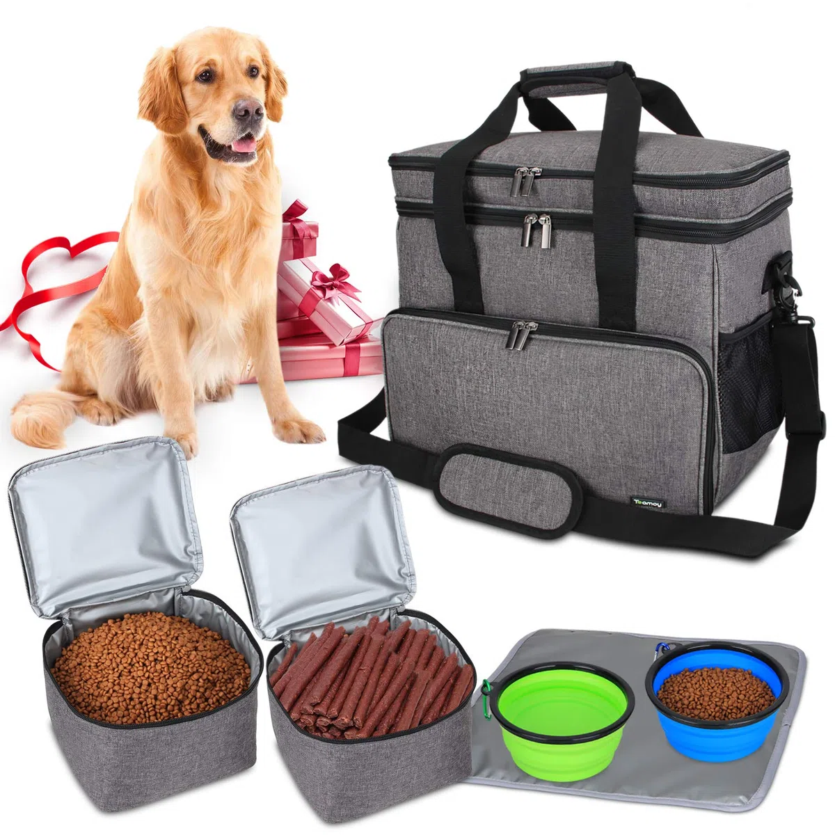 Teamoy Bolsa de Viaje para Perro, Bolsa de Viaje para Perro con 2 tazones Plegables de Silicona, 2 Almacenamiento de Alimentos, 1 Estera de Platos (Grande, Gris)