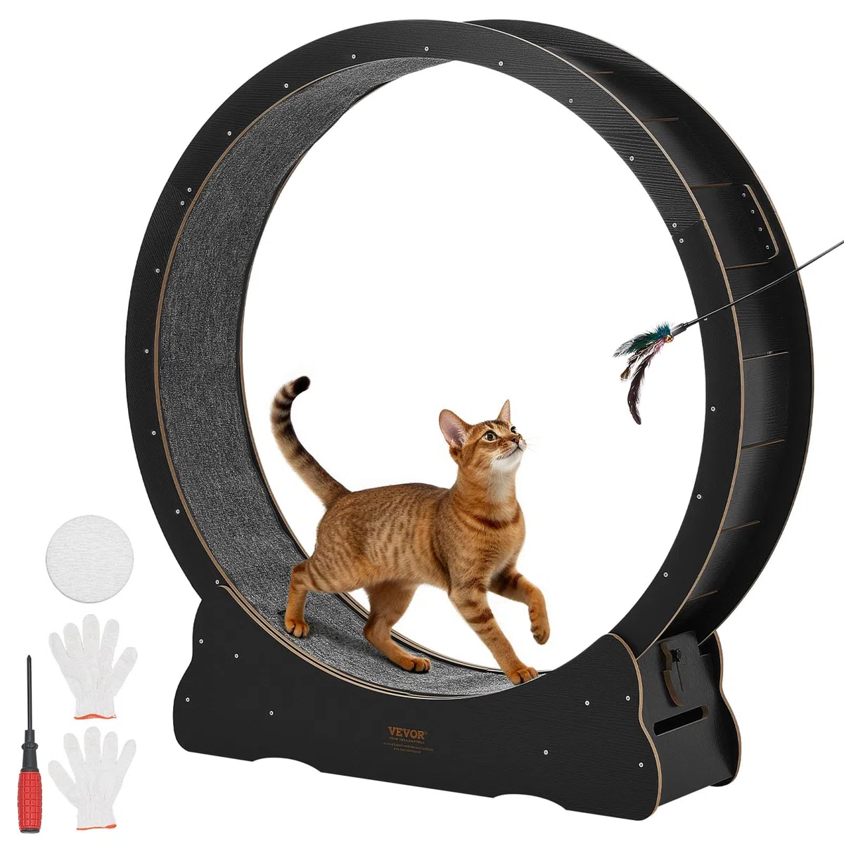 VEVOR Rueda de Ejercicio de Madera, para Gatos de hasta 13,6 kg, Diámetro Interior de 118 cm, Cinta de Correr con Superficie Alfombrada y Mecanismo de Bloqueo, Color Negro, 1320 x 338 x 1415 mm