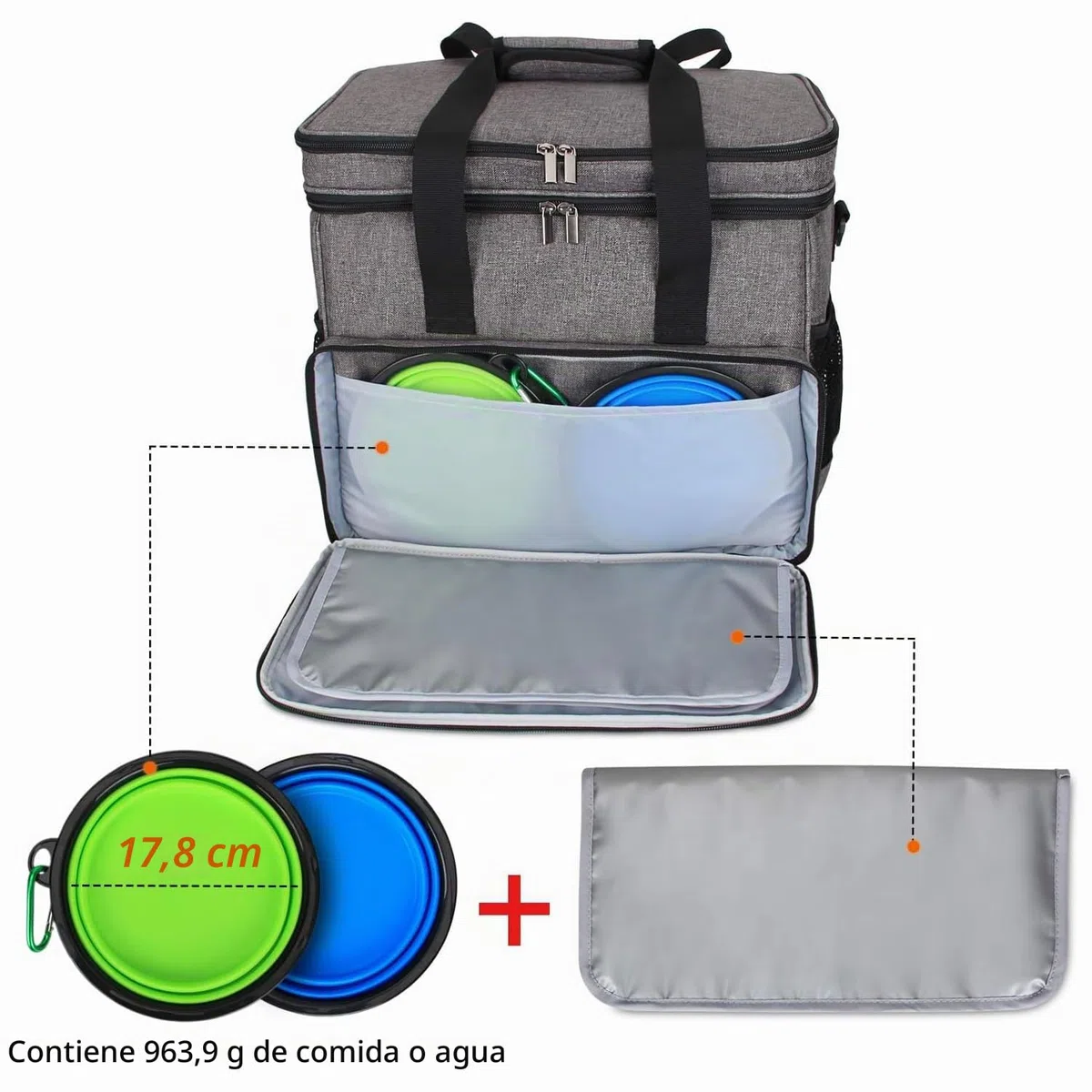 Teamoy Bolsa de Viaje para Perro, Bolsa de Viaje para Perro con 2 tazones Plegables de Silicona, 2 Almacenamiento de Alimentos, 1 Estera de Platos (Grande, Gris)