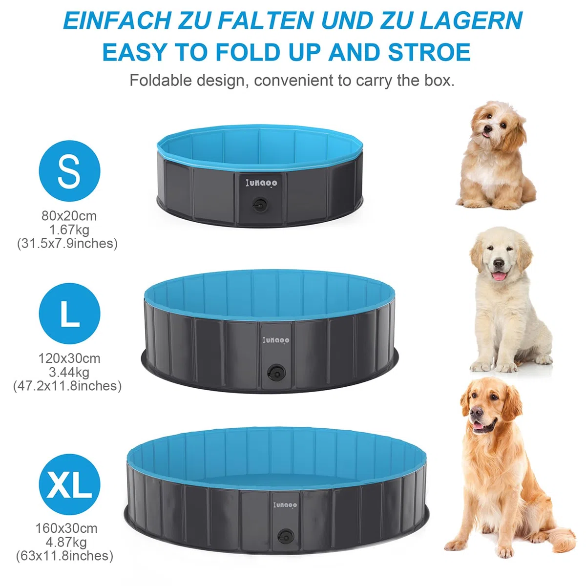 Piscina para Perros, Bañera Plegable para Mascotas, Antideslizante y Resistente al Desgaste Bañera para Niños Natación Piscina para Mascotas Perros Grandes y Pequeños, Azul Claro, 160 x 30 cm