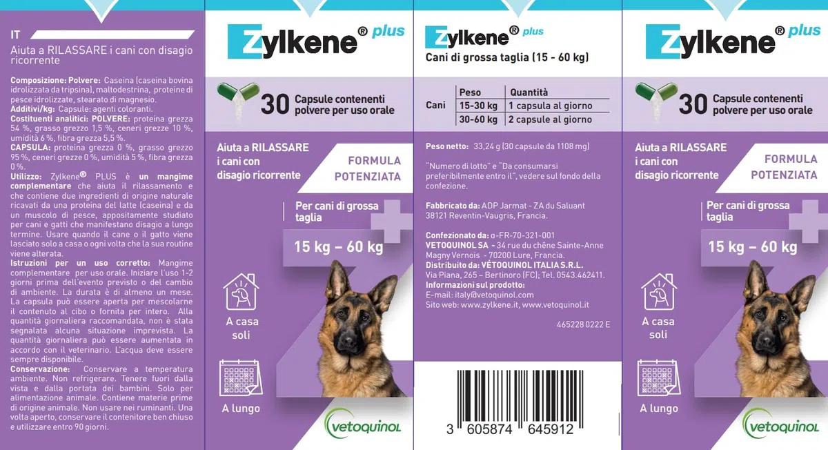 Zylkene Plus Pienso Complementario | Perros de más de 15 kg | Relajante para situaciones de malestar recurrente | 30 Cápsulas de 450 MG