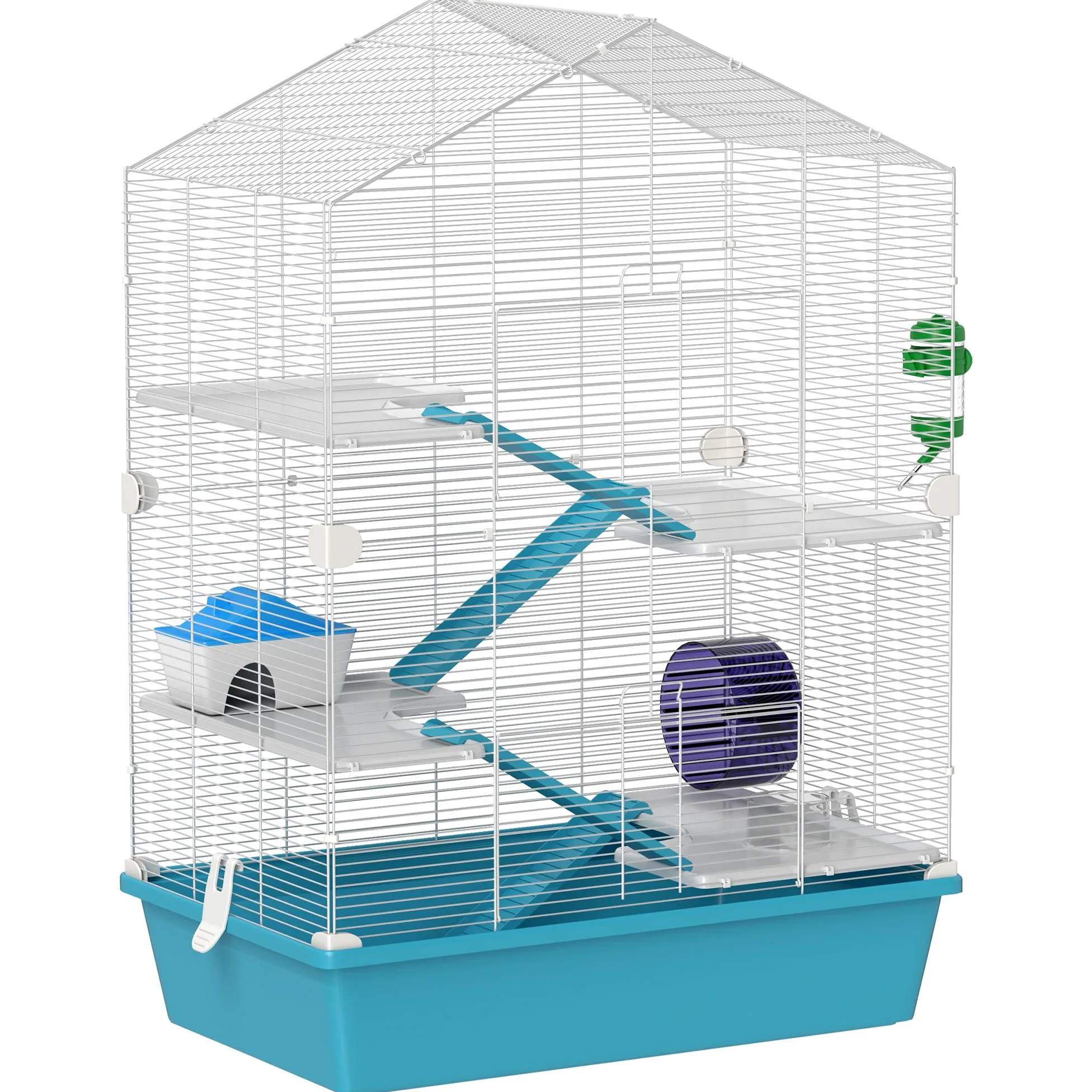 PawHut Jaula para Hámster de 5 Niveles Casa para Animales Pequeños con Plataformas Cuenco Bebedero Casita Rampas y Rueda de Ejercicio 58x36x81 cm Azul Claro