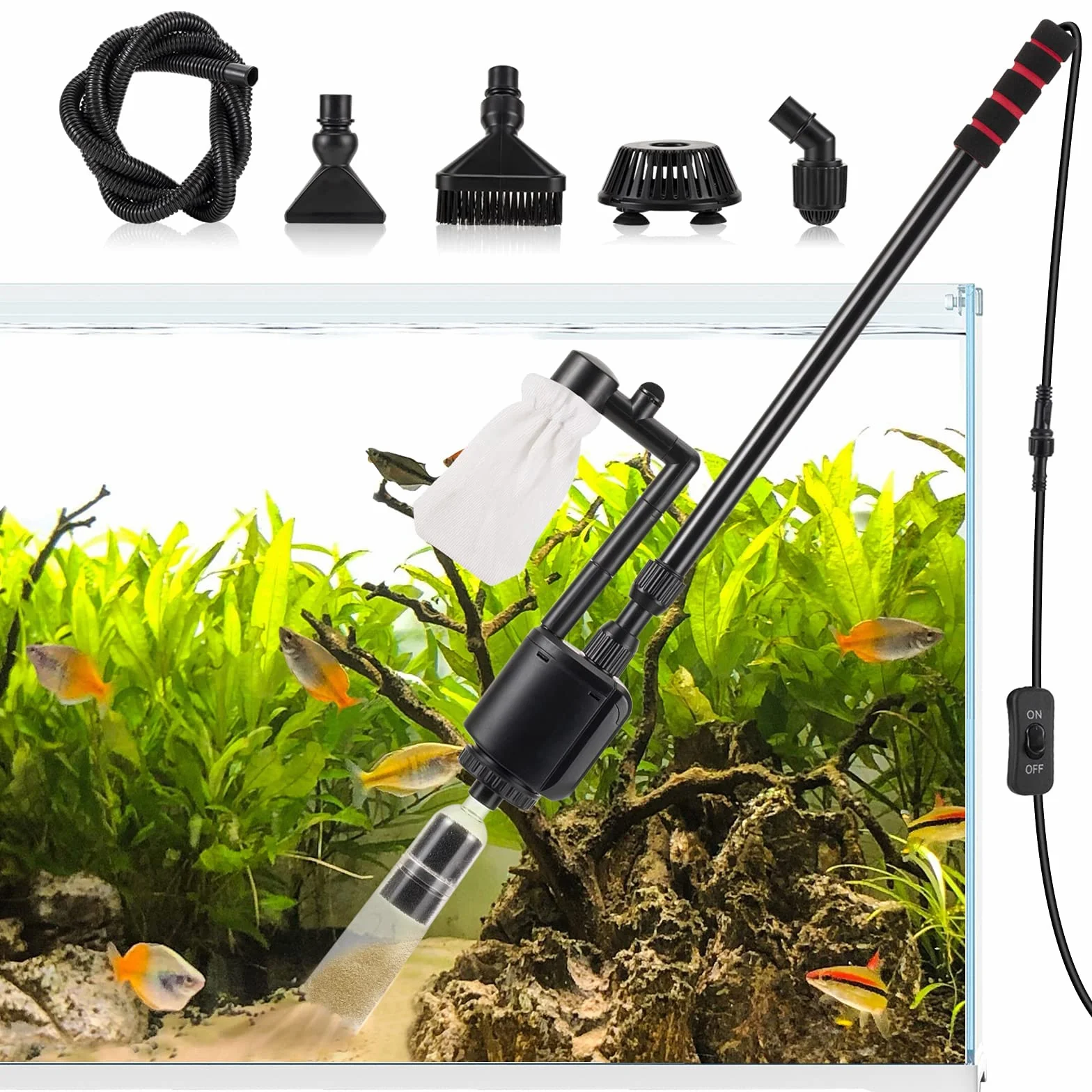 AQQA Cambiador de agua eléctrico para acuarios, 6 en 1, kit de sifón aspirador de acuario, limpiador de grava, aspirador para el cambio rápido del agua del acuario, lavado de la arena