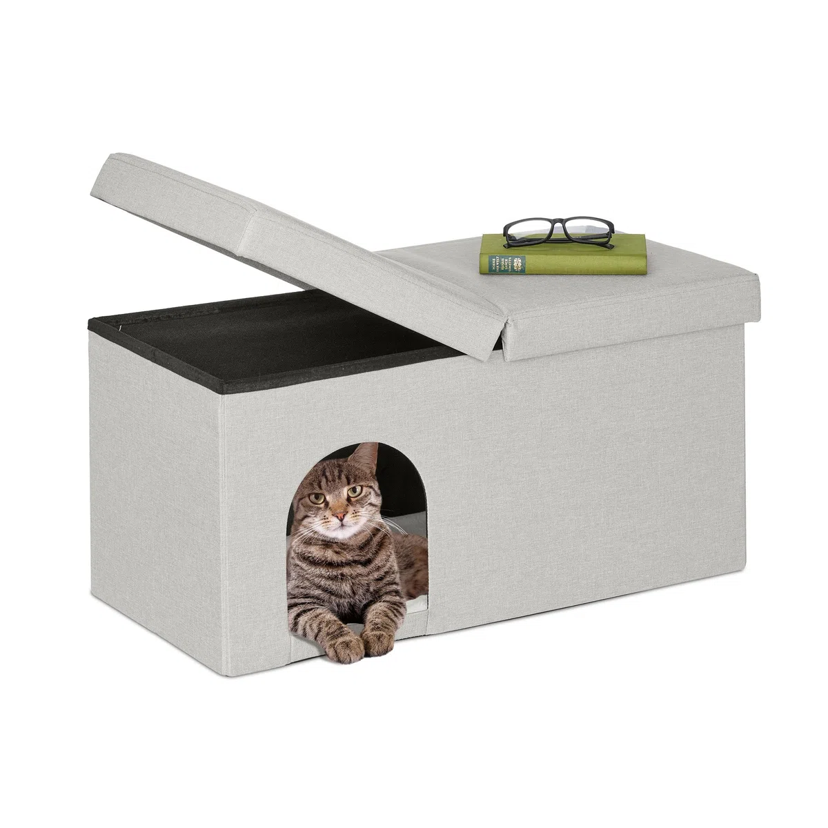 Relaxdays Casa Gato con Banco Rectangular, Cueva Gatito Plegable, Escondite Perro, Robusta, MDF, 38,5x74,5x37 cm, Beige