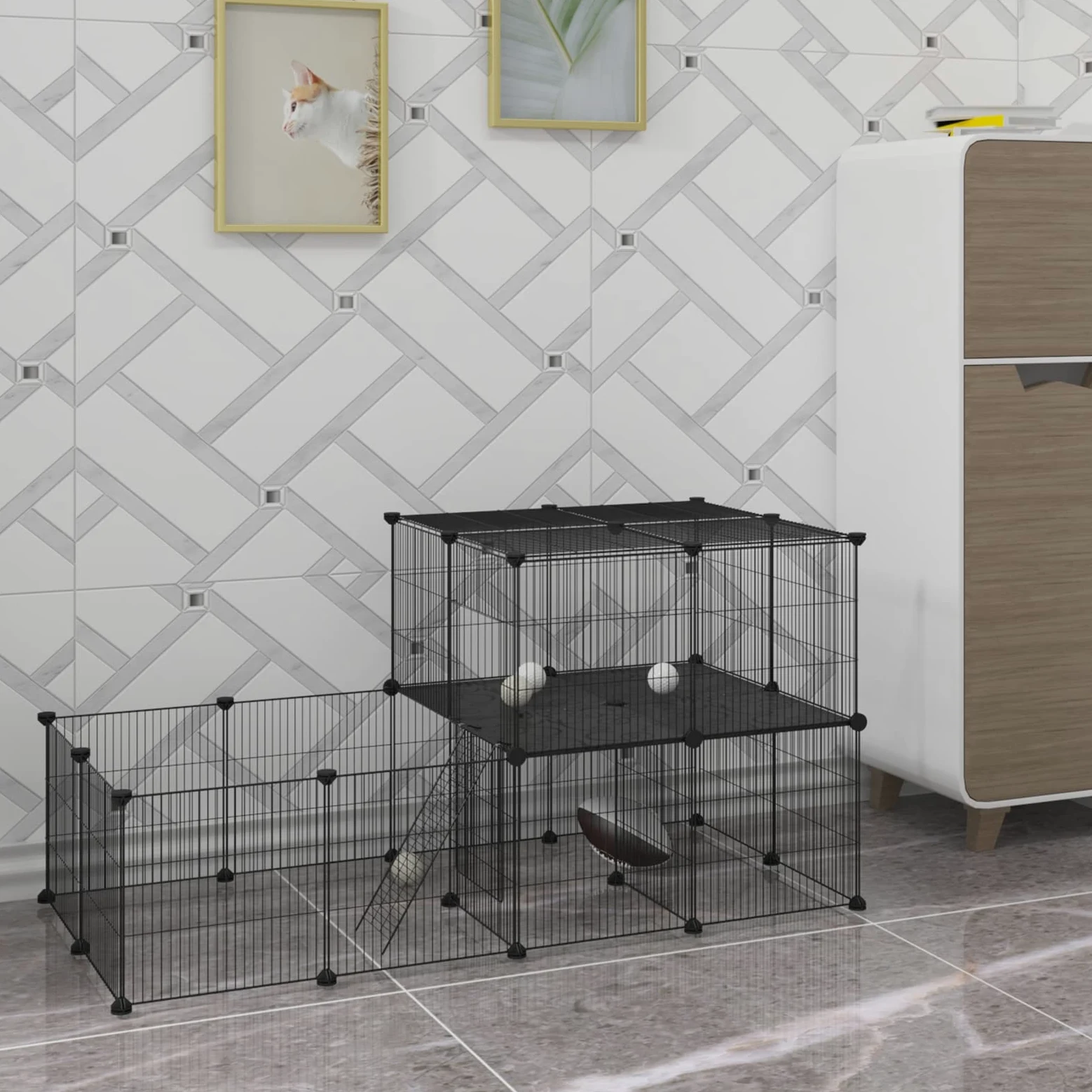 EUGAD Jaula para Animales Pequeños, Parque para Mascotas con Puerta, Valla de Metálica Modulare 30 Paneles, Interior Recinto DIY Parque para Animales Pequeños (35x35cm/panel) Negro 140x70x70cm