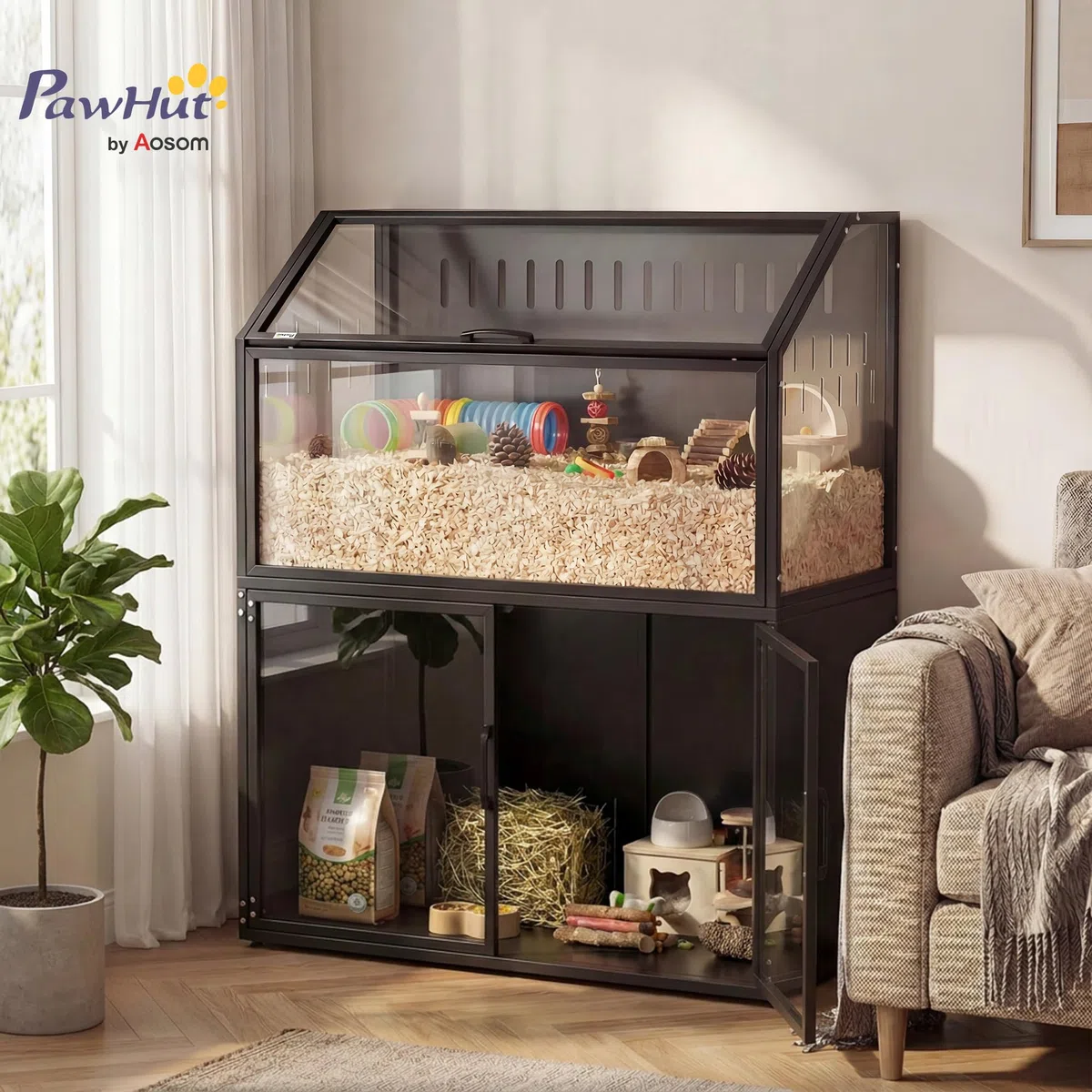 PawHut - Jaula de hámster 2 en 1 con armario de almacenamiento de habitaciones, 104 cm, color negro | Para roedor, acero resistente a las picaduras, acrílico transparente, diseño de jaula grande, para hámster sirio y ratón