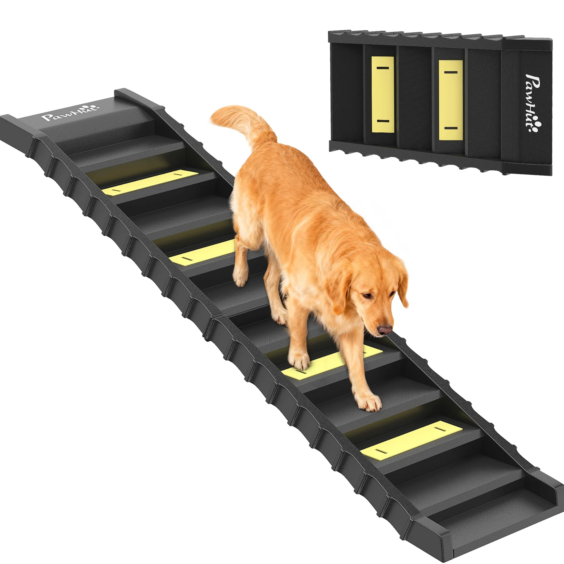 PawHut Rampa para Perros Plegable, 154 cm, Rampa para Perros para Coche y Cama Alta con 10 Escalones Antideslizantes, Ligera y Resistente, Carga 68 kg, para Sofá, Negro
