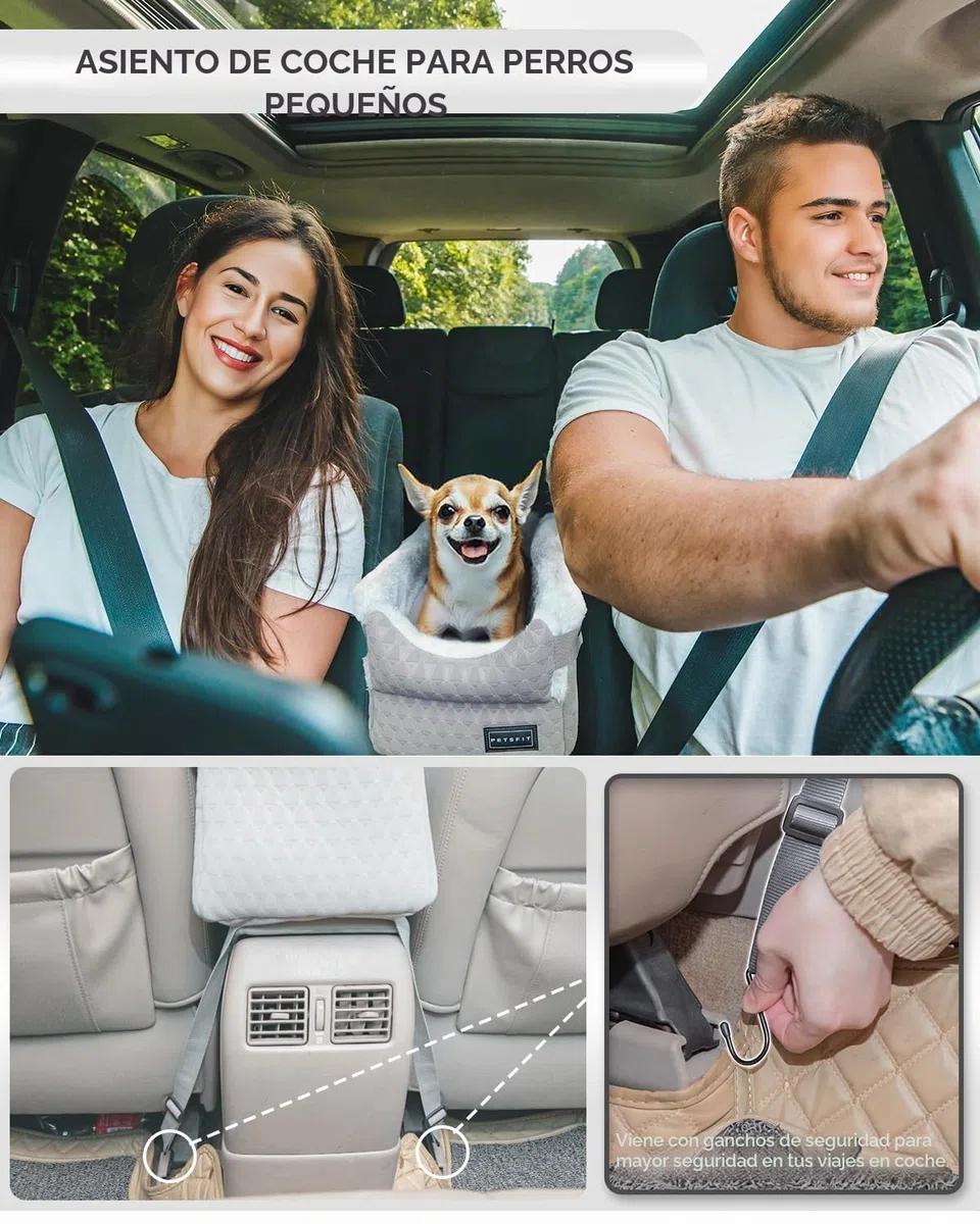 Petsfit Asiento de Perro de Consola de Centro de Coche para Perros Pequeños Gatos, Silla de Coche para Perro con Cinturones de Seguridad Mejorados, Lavable para Perros Pequeños de hasta 5KG